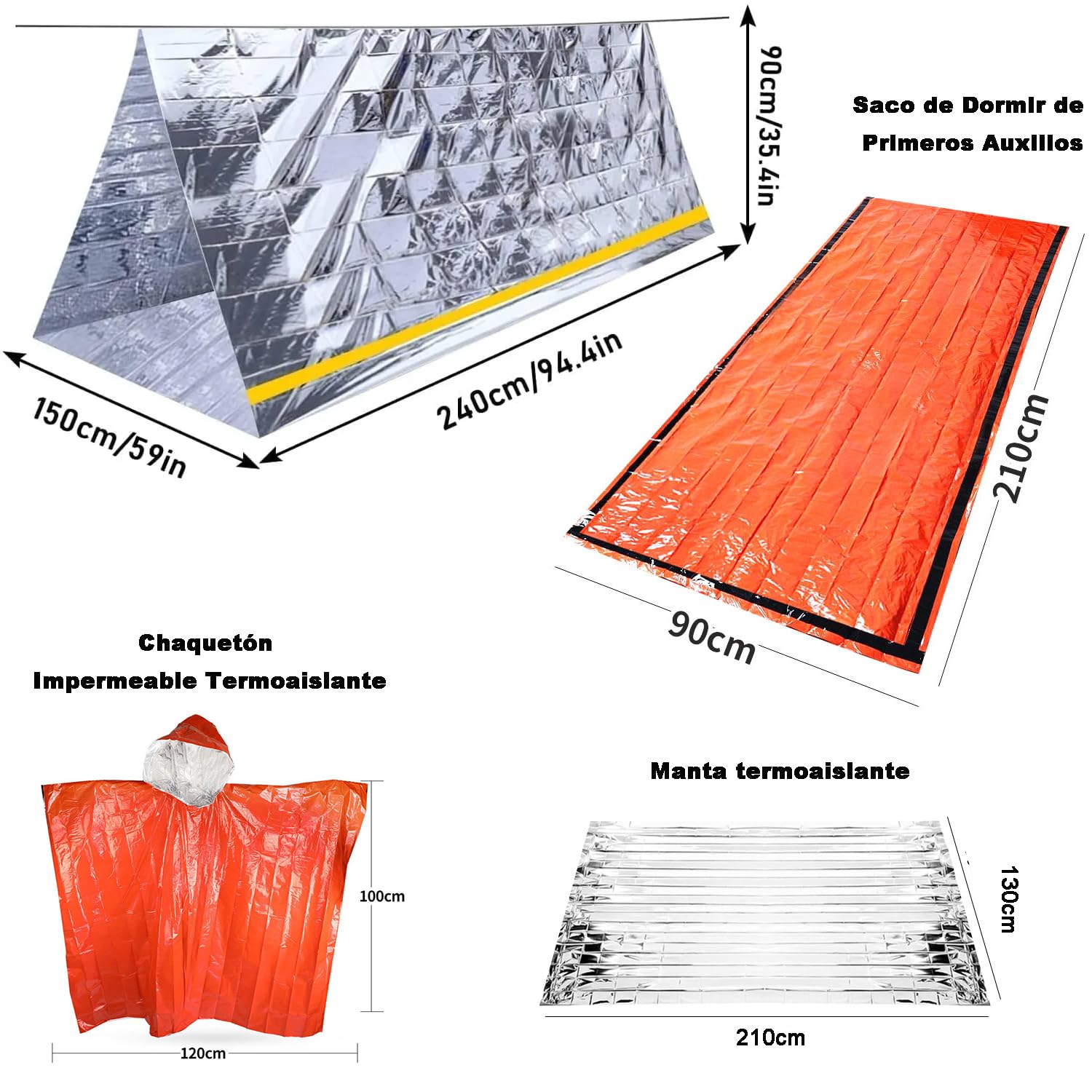 Kits de survie isolés pour l'extérieur - Couvertures d'urgence (lot de 5), 1 sac de couchage d'urgence, 1 tente d'urgence, 1 poncho d'urgence en Mylar