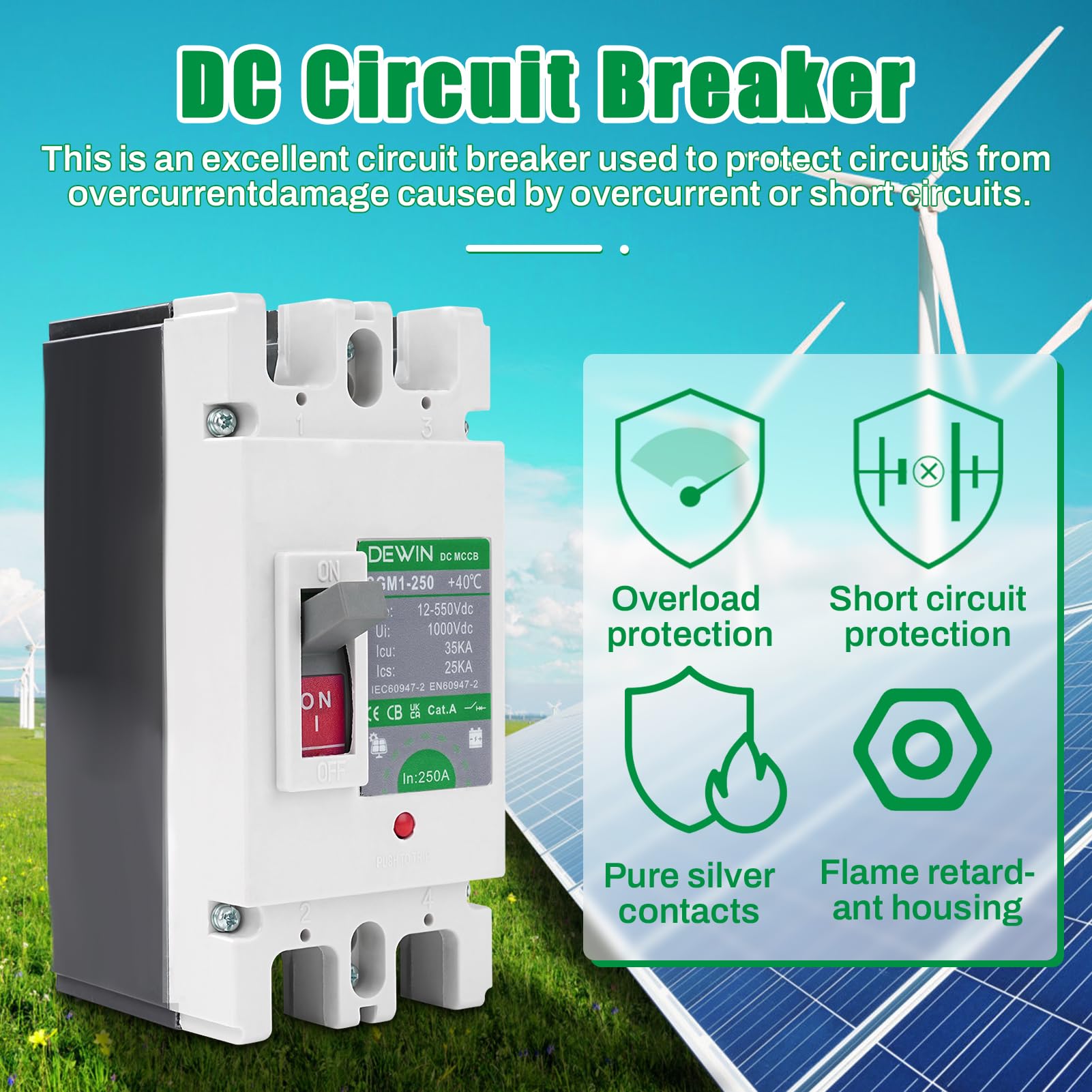 DEWIN DC Leitungsschutzschalter 250A, DC-Leistungsschalter MCCB Gehäuse Solar Batterie Hauptschalter Batterie Trennschalter 2P 250A 500V
