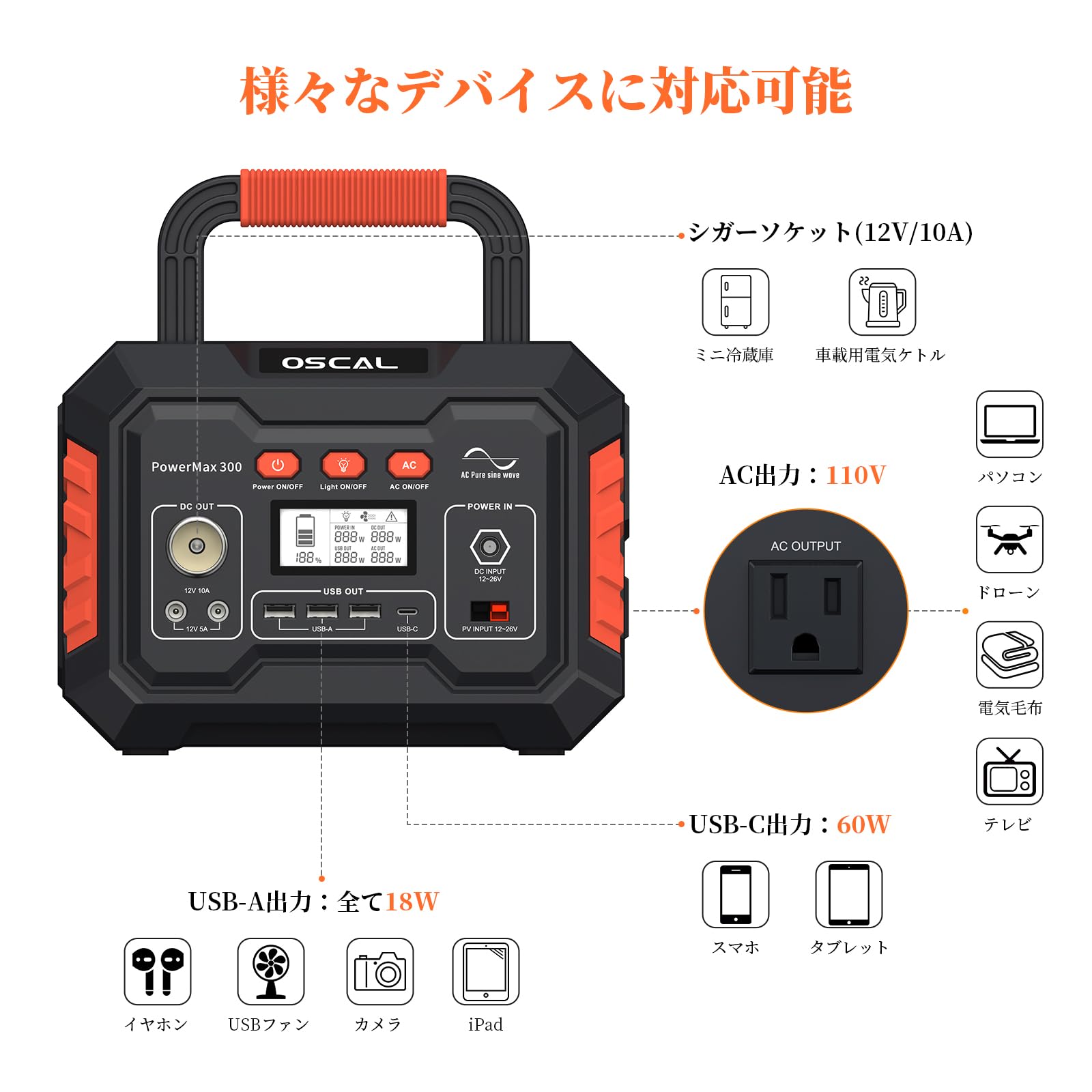Amazon.co.jp: OSCAL ポータブル電源 266Wh/300W 小型 軽量 純正弦波  