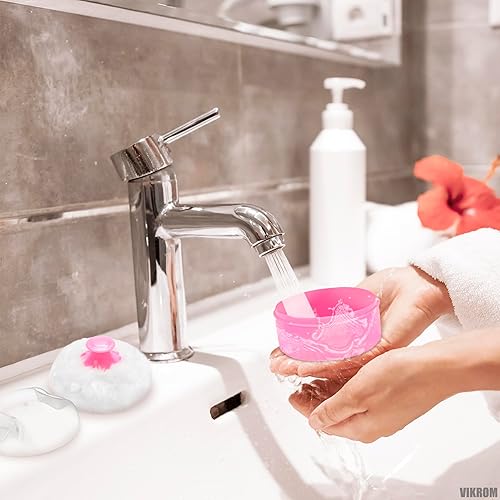 Miniatura 9 de Juego de 2 cepillos de talco para polvo con soporte, para mujer, 3.6 x 2.45 pulgadas, color rosa y azul, fácil de limpiar y almacenar, soplo suave y