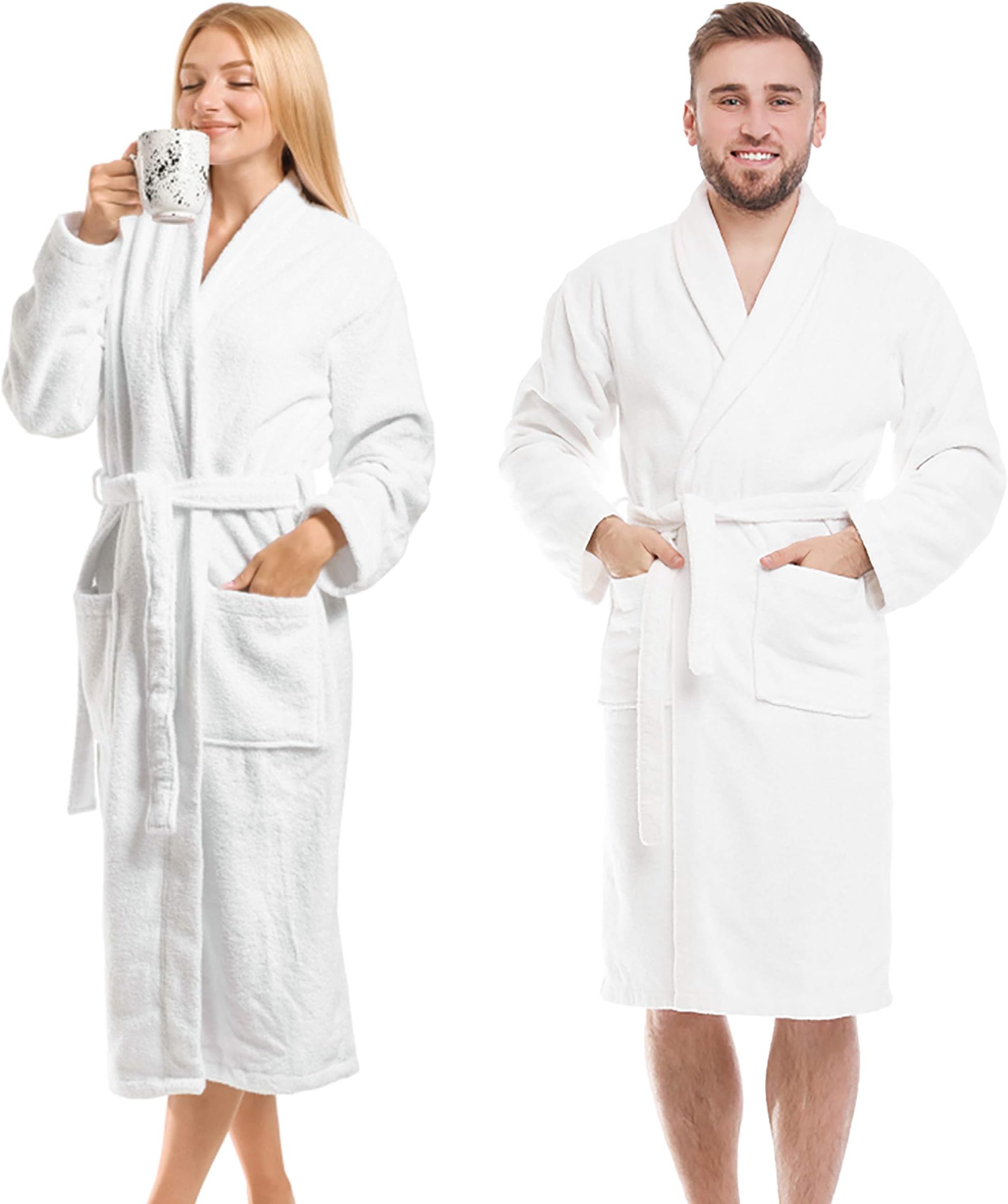Premium Terry White Cotton Bathrobe Unisex - Luxurious Lightweight - Hotel Quality - Absorbent Soft Cotton