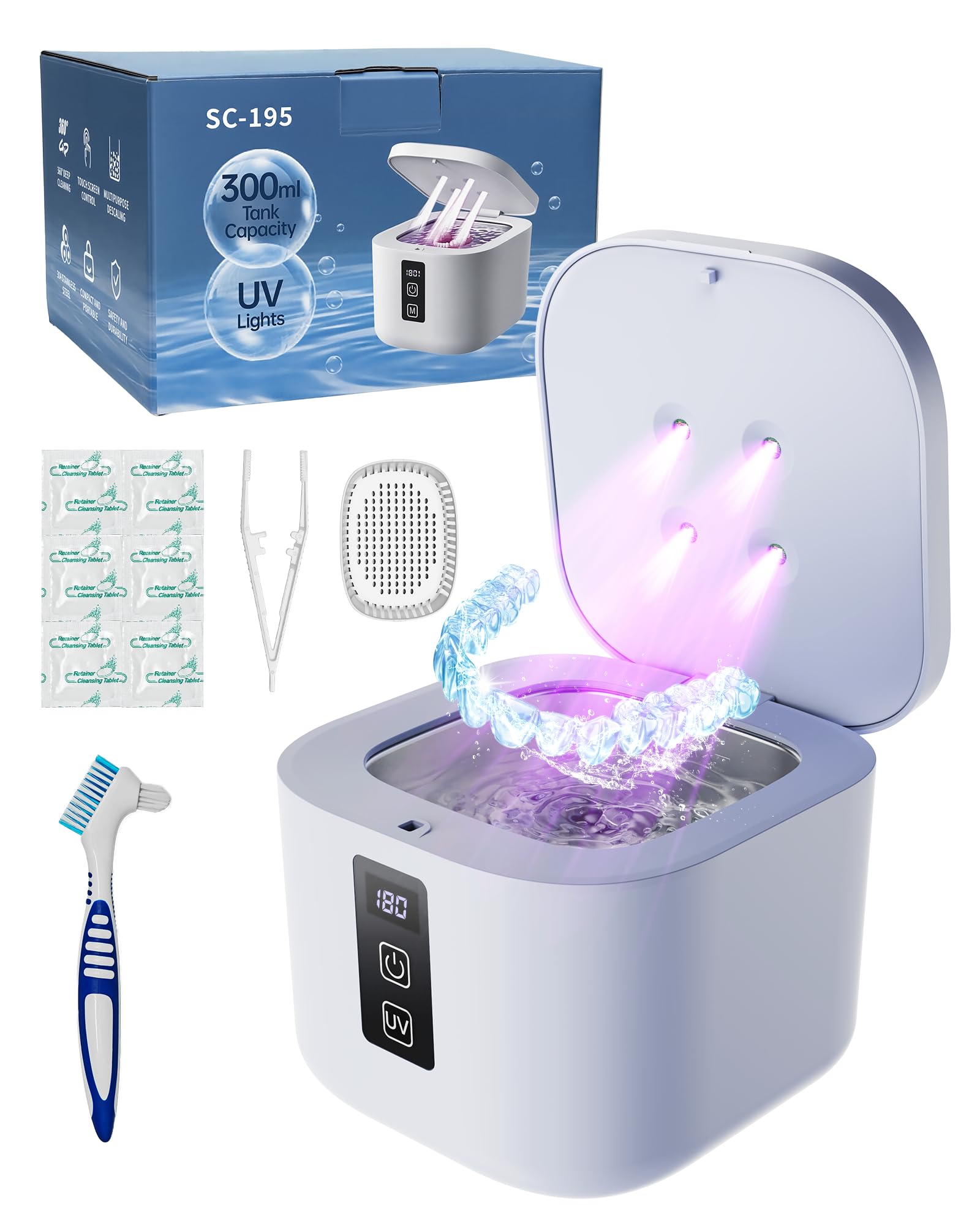 Nettoyeur Ultrasons 48kHz avec Stérilisation UV 375 ml 4 Modes pour Retenue Dentaire, Protège-Dents, Aligneur, Bijoux