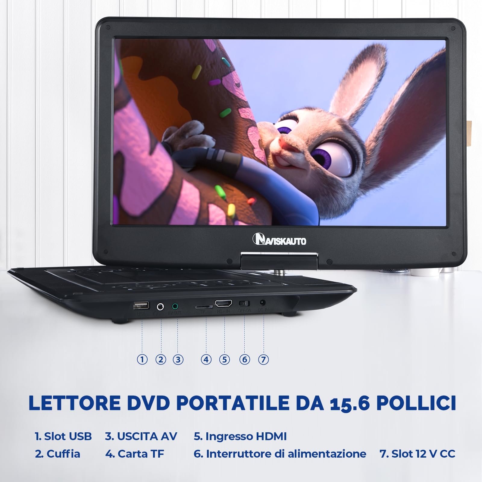 NAVISKAUTO Lettore DVD Portatile 17,5 Pollici Schermo 16 Pollici HDMI USB TF AV OUT Region Free