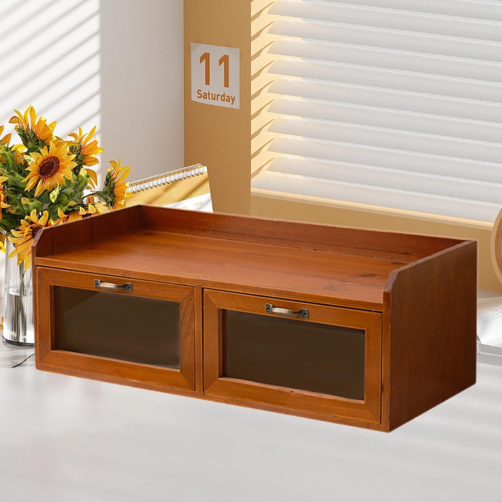 Schreibtisch Organizer Aus Holz mit Schubladen, Multifunktionaler Vintage Aufbewahrungsschrank, Aufbewahrungsbox für Kosmetikartikel, 2 Schubladen