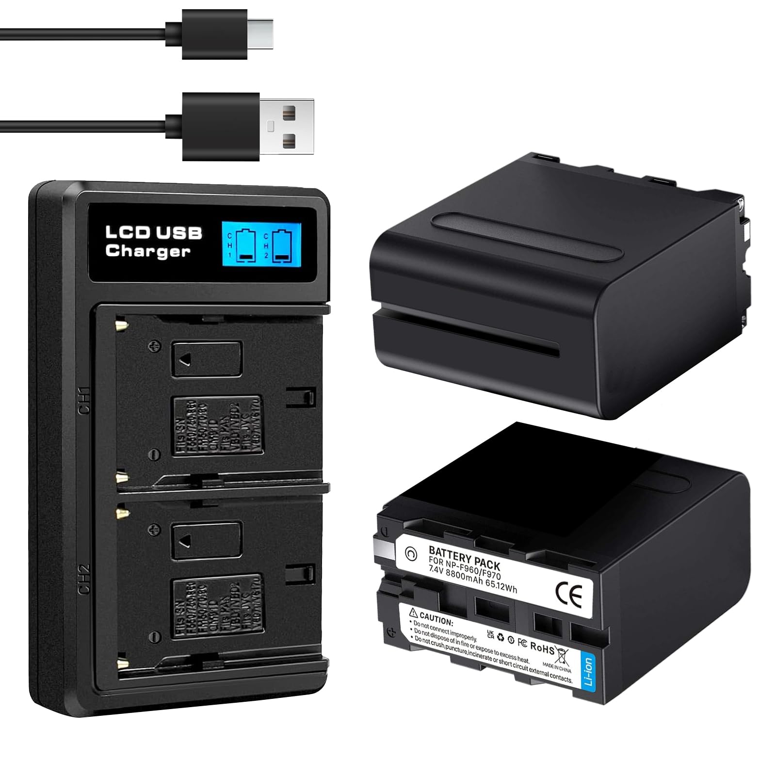 2 Stück NP-F970 8800mAh Ersatzakku Dual USB Schnellladegerät Kompatibel mit Sony NP-F960 NP-F950 NP-F930 NP-F550 NP-F570 NP-F750 Batterien, für Handycams, Feldmonitor, Videolicht