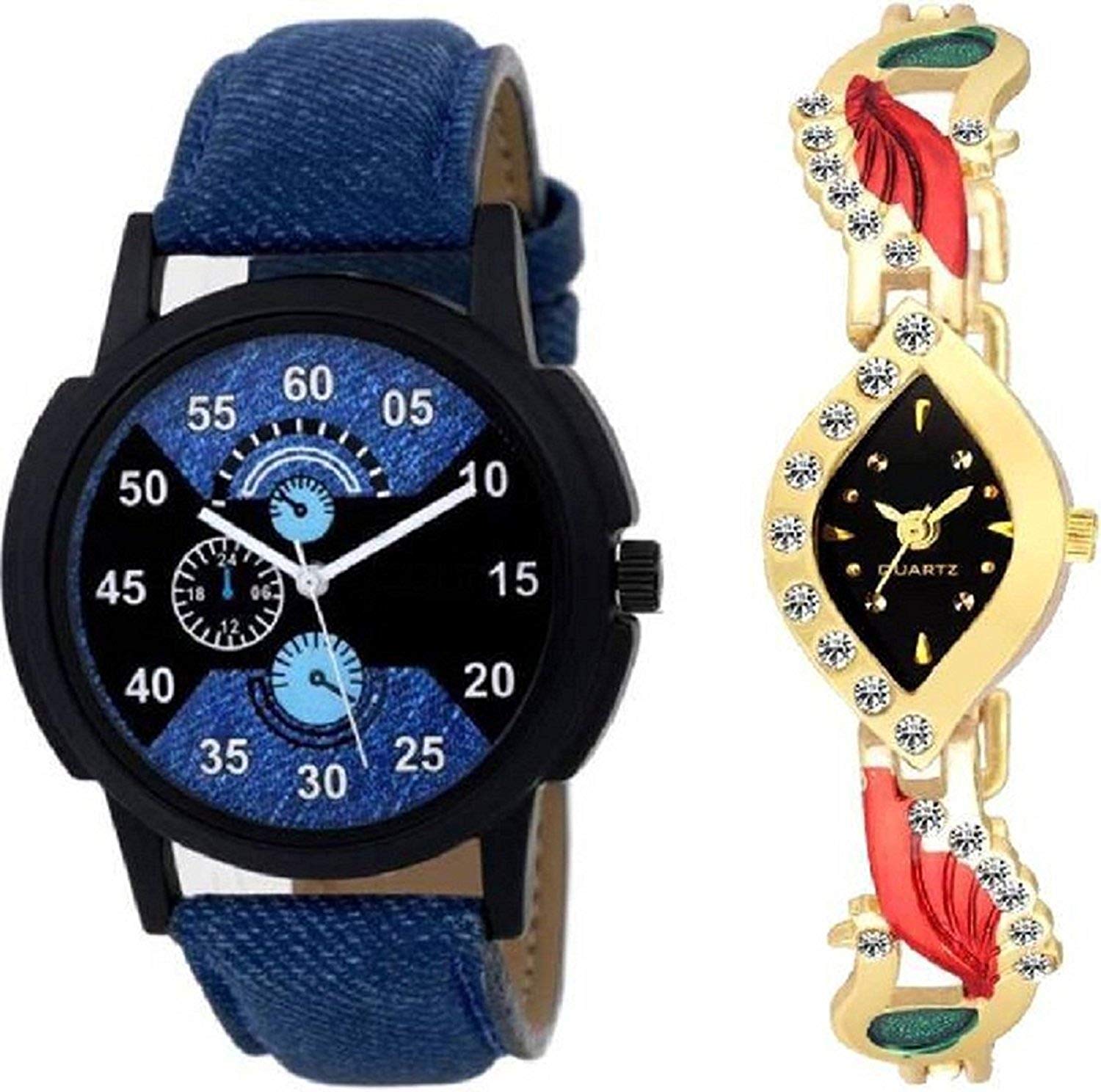 BID Analogue Blue Denim Belt Mens Watch & Gold-Stone Womens Watch Combo for Couples (B07QZ46KVV) Amazon Price History, Amazon Price Tracker