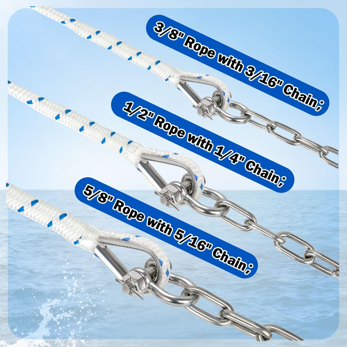 Kit di corda e catena di ancoraggio per barca, linea di ancoraggio 3/8" x 100', catena in acciaio inossidabile 316 3/16 "x 6", ditale impiombato e grilli, corda di ancoraggio resistente per