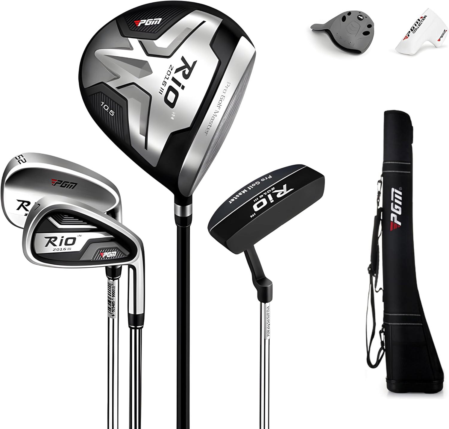 PGM Beginner Golf Clubs Sets Rio for Men 5 Piece Includes Golf Driver, 7 Iron, #52 Sand Wedge, Putter and Lightweight Carry Sunday Club Golf Half Bag Right Handed