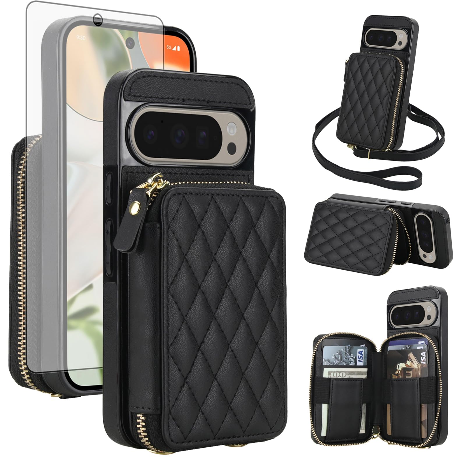 Photo 1 of Asuwish Phone Case for Google Pixel 9/9 Pro/10/10 Pro 5G Wallet Cell Cover with Tempered Glass Screen Protector Crossbody Strap RFID Blocking Card Holder Pixel9 9Pro/Pixel10 10Pro Nine Ten Women Black