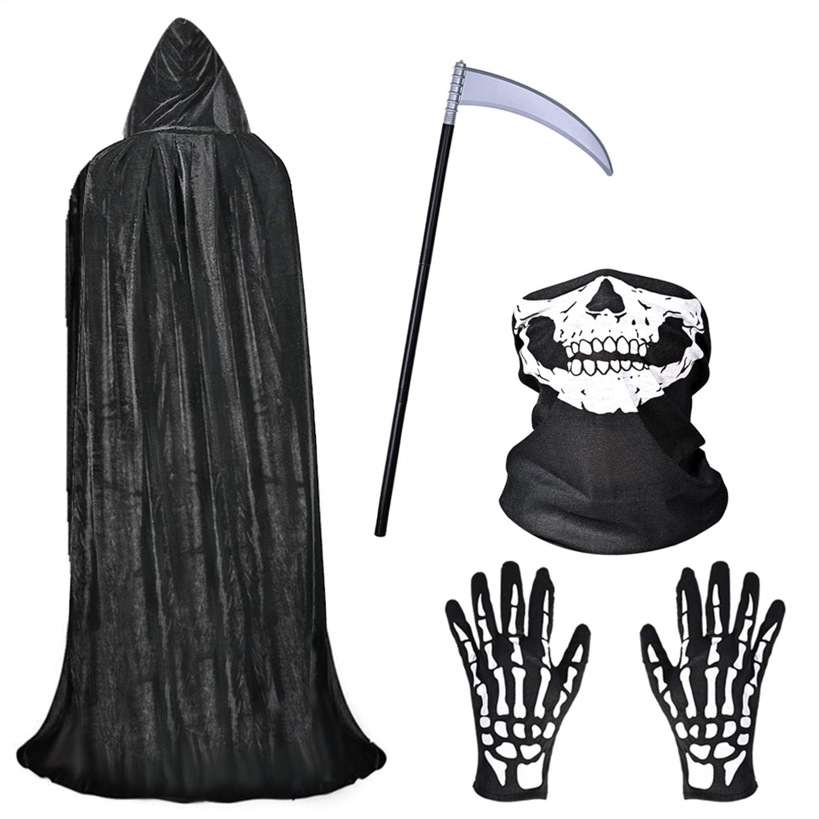 Fabu Negro Largo Capa con Capucha para Halloween Carnaval, Guantes de Esqueleto y Máscara de Calavera Disfraz Plástico Falsa Guadaña Hoz Arma para Adultos Halloween Danza Fiesta de Disfraz 1 Juego