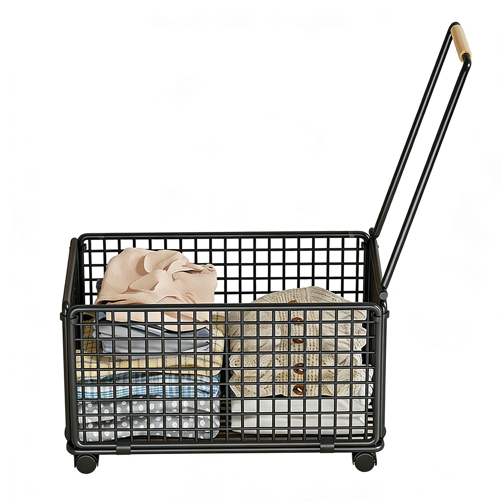 Cesto portaoggetti con manico, grande contenitore in metallo con ruote, cesto portabiancheria mobile per camera da letto, bagno, soggiorno, contenitore per giocattoli