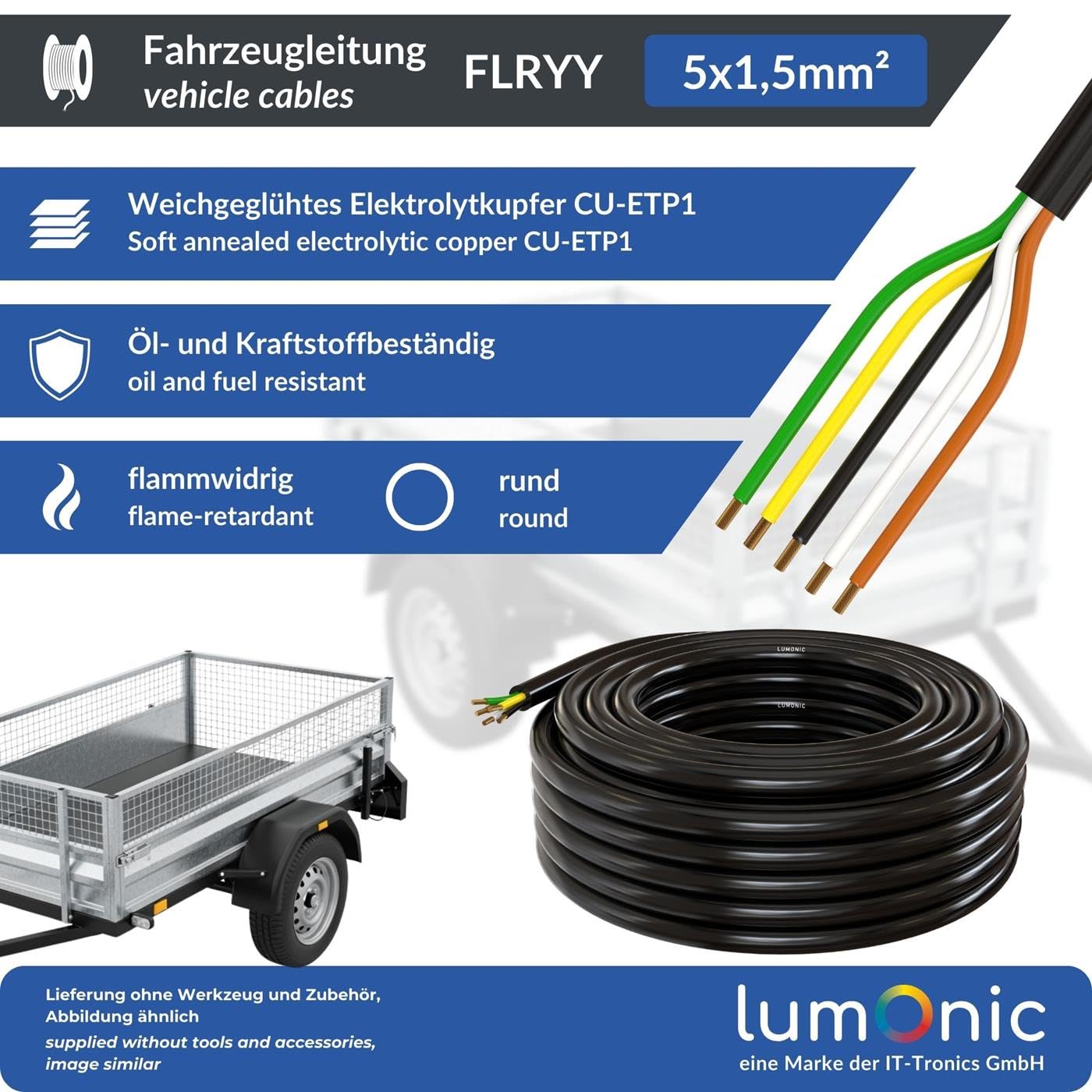 Lumonic 5m FLRYY Fahrzeugleitung 5x1,5mm² schwarz | 5-adrig | Anhängerkabel | mehradriges KFZ-Kabel | Öl- und Kraftstoffbeständig, flammwidrig | Niedervolt
