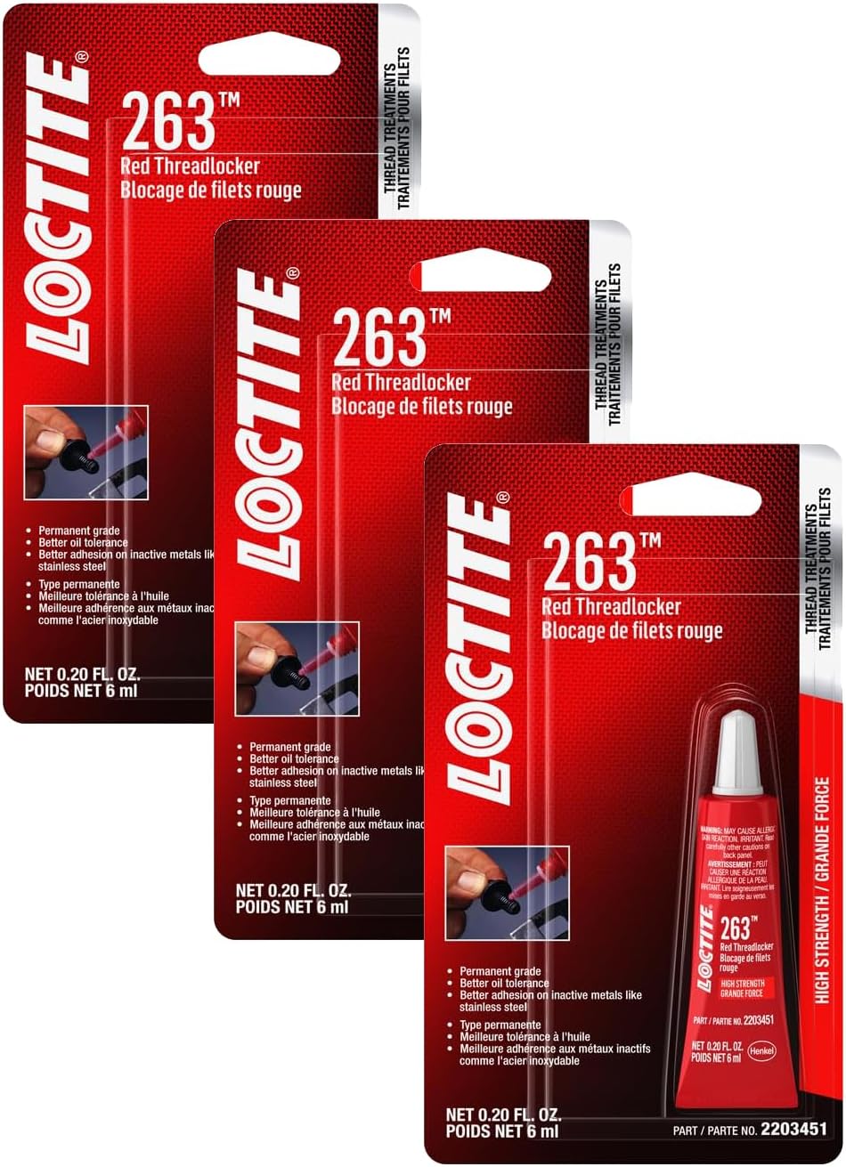 LOCTITE 263 Threadlocker for Automotive: High-Strength, Oil Tolerant, High-Temperature, Fluorescent, Anaerobic, Heavy Duty Applications | Red, 6 ml Tube (PN: 2203451) (Pack of 3)