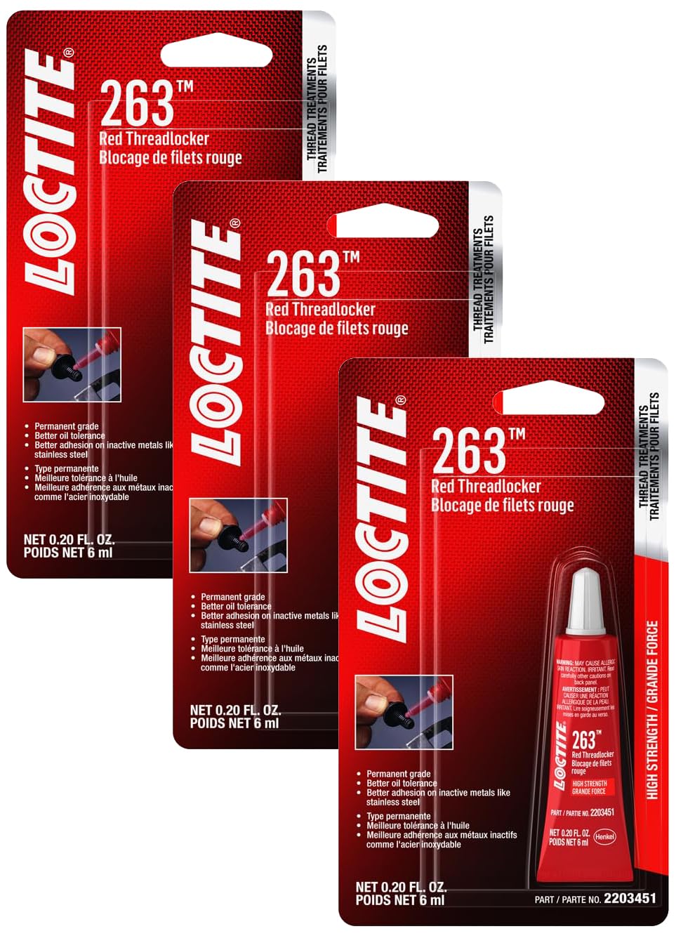 LOCTITE 263 Threadlocker for Automotive: High-Strength, Oil Tolerant, High-Temperature, Fluorescent, Anaerobic, Heavy Duty Applications | Red, 6 ml Tube (PN: 2203451) (Pack of 3)