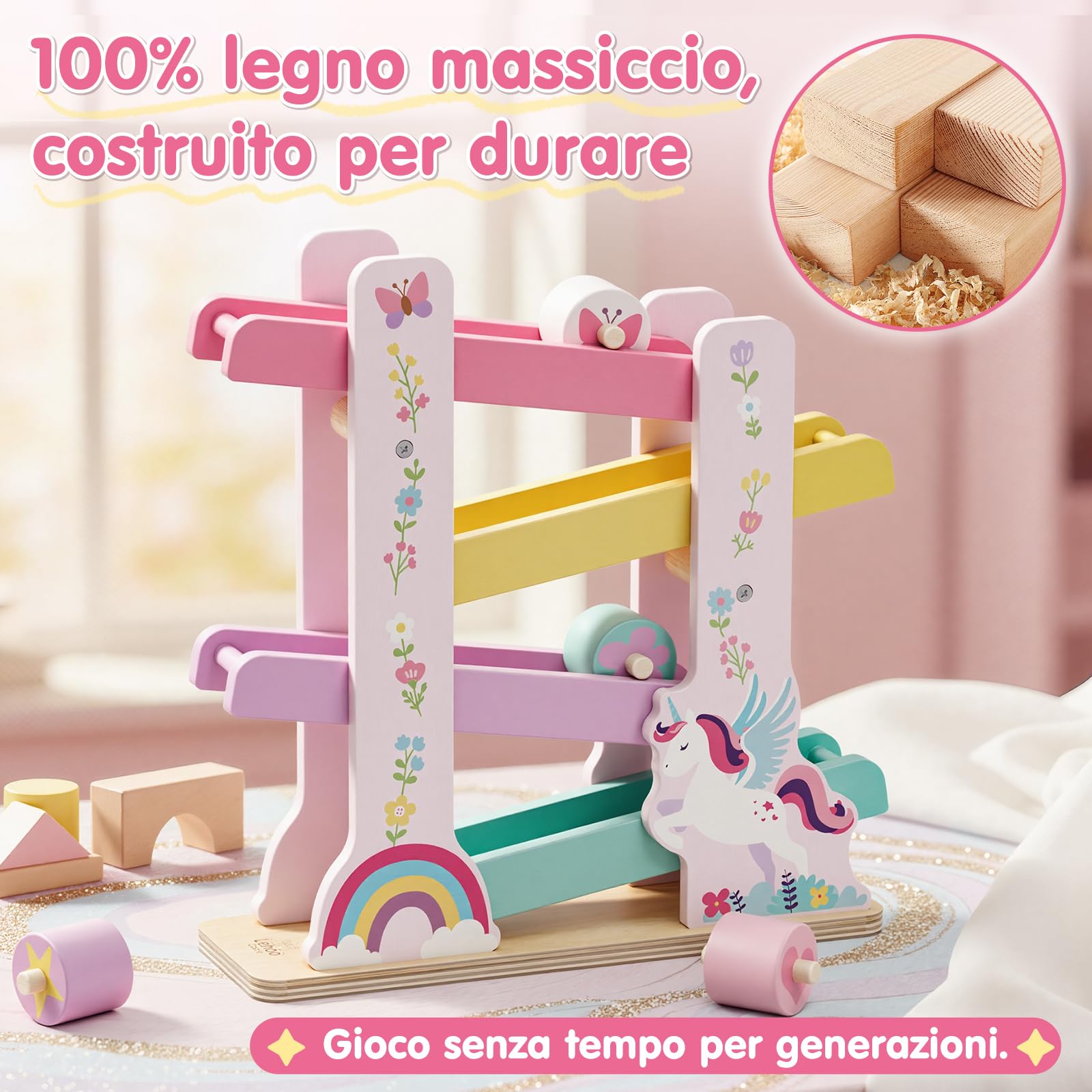 Lehoo Castle Giocattoli Montessori 1 Anno, Rampa in Legno Unicorno per Bambina, Pista con 4 Roller, Gioco Educativo in Legno, Regalo Bambina 1 2 Anni