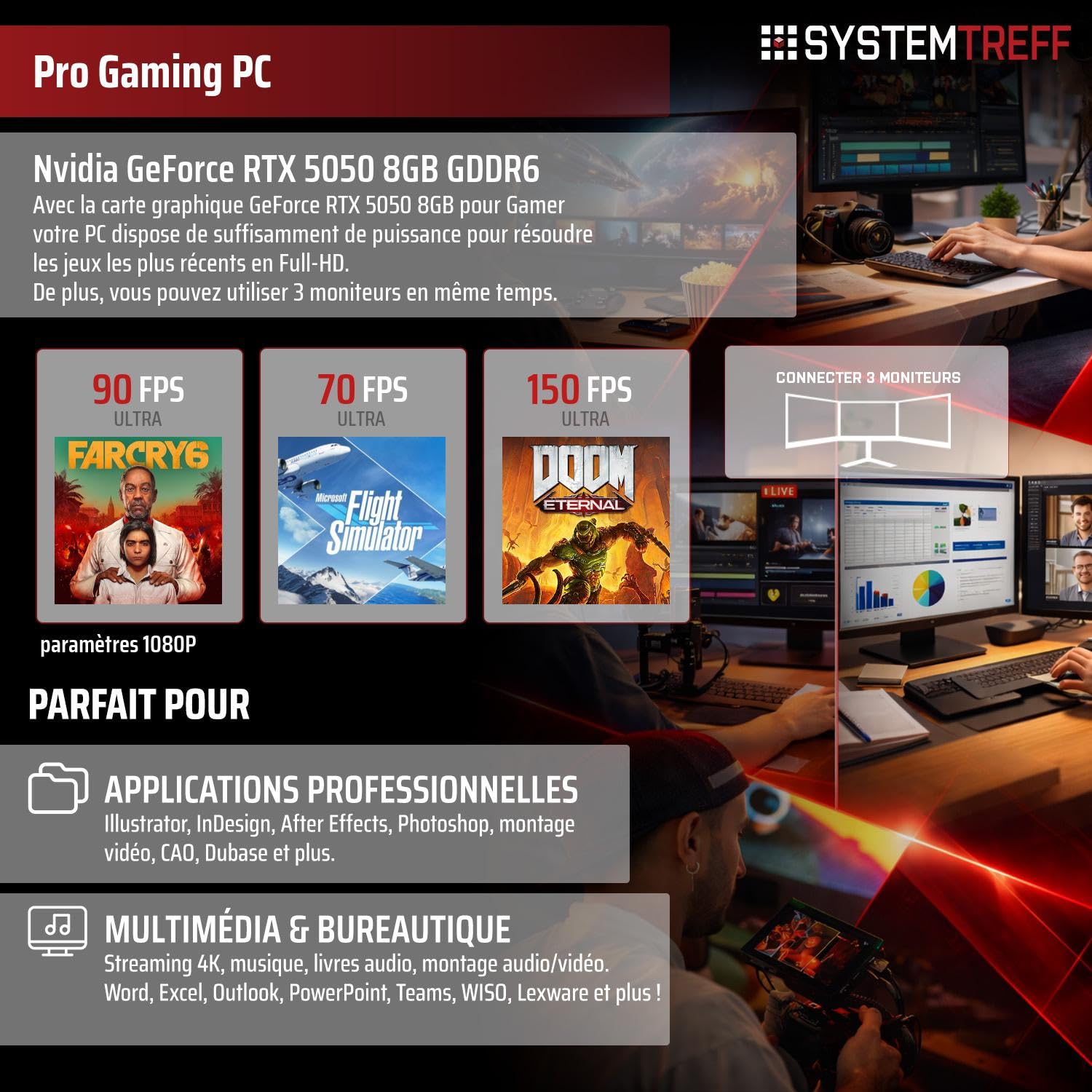 SYSTEMTREFF PC Gamer - AMD Ryzen 5 5500 - RTX 5050 8 Go GDDR6