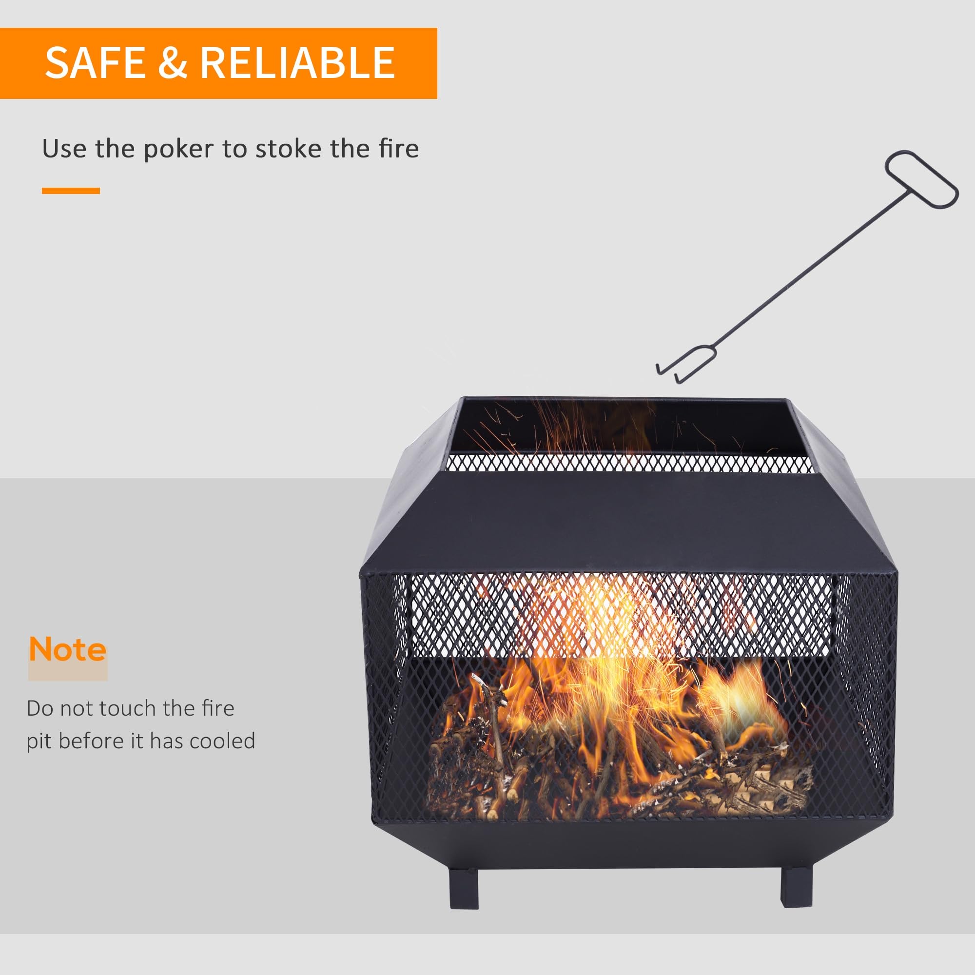 Outsunny Kwadratowe palenisko z pokrywą i pogrzebaczem 44x44x40cm Czarny | Ruszt do drewien, Zewnętrzny kosz ogniowy z siatki, Piec na drewno, Ogród, Kemping, Ognisko
