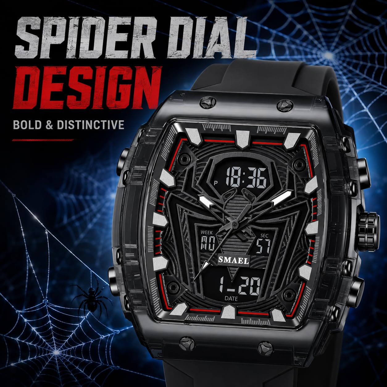 MASTOP Reloj de cuarzo de lujo Spider Man, esfera grande, digital, analógico, doble visualización de hora, cronómetro, diseño punk, correa de silicona, reloj de pulsera para hombre