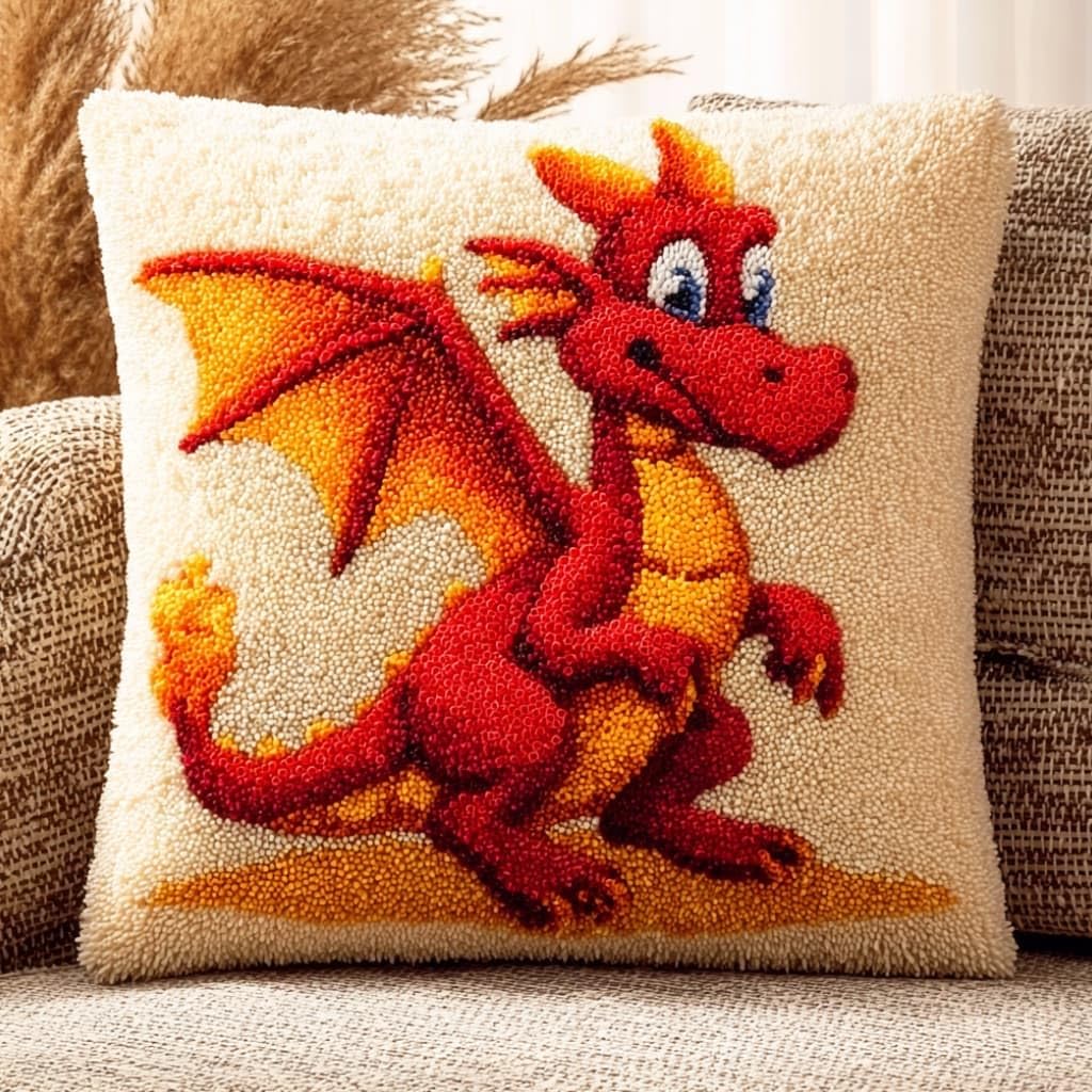 Taxpy Latch Hook Cushion Kits Cartoon Dragon Pillowcase Kits Embroidery Kit 17X17 Inch DIY Needlework Pillow Cover Sofa Cushion Rug Making