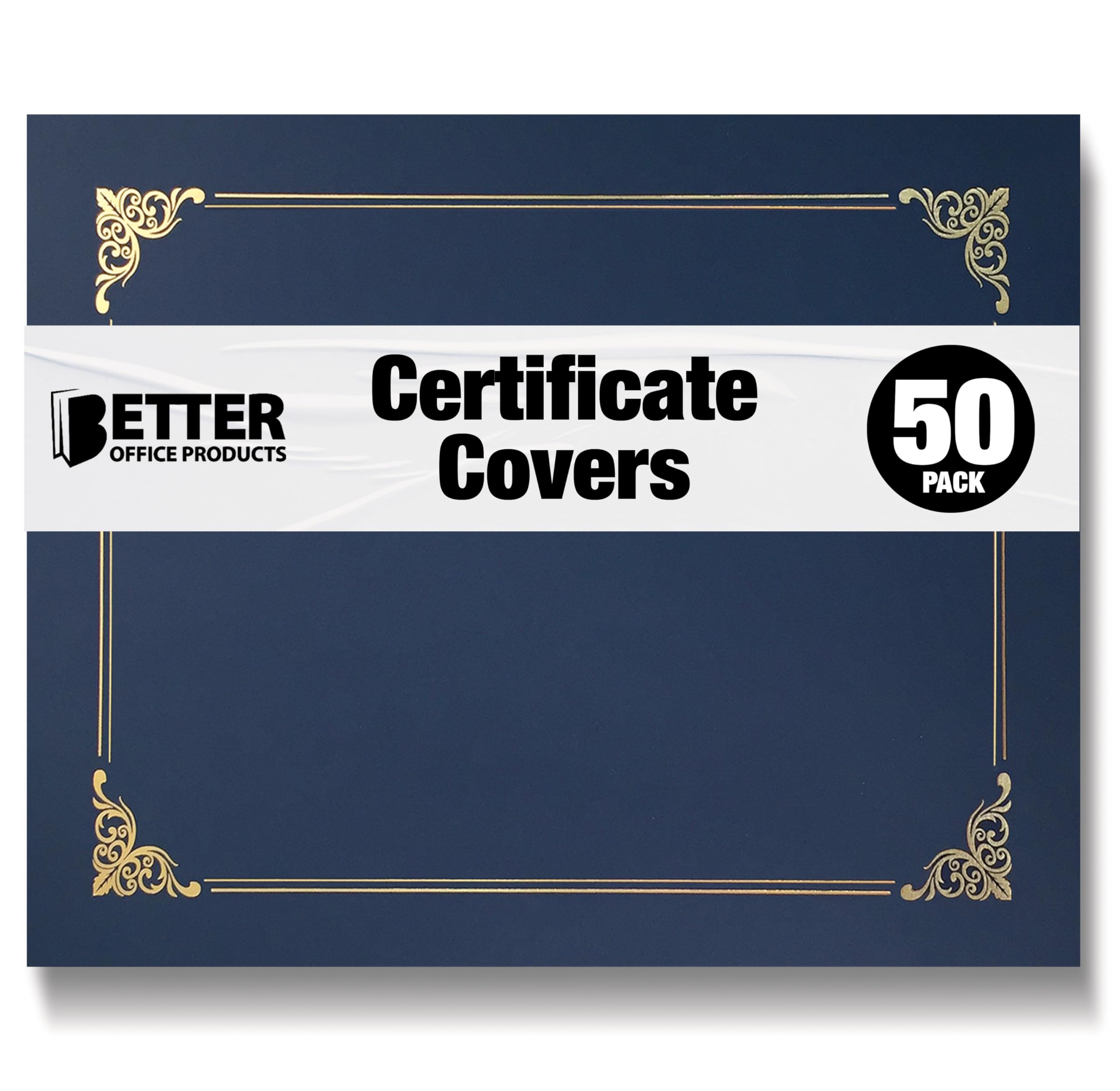 50 Pack Certificate Holders, Diploma Holders, Document Covers with Gold Foil Border, by Better Office Products, for Letter Size Paper, 50 Count (Blue)