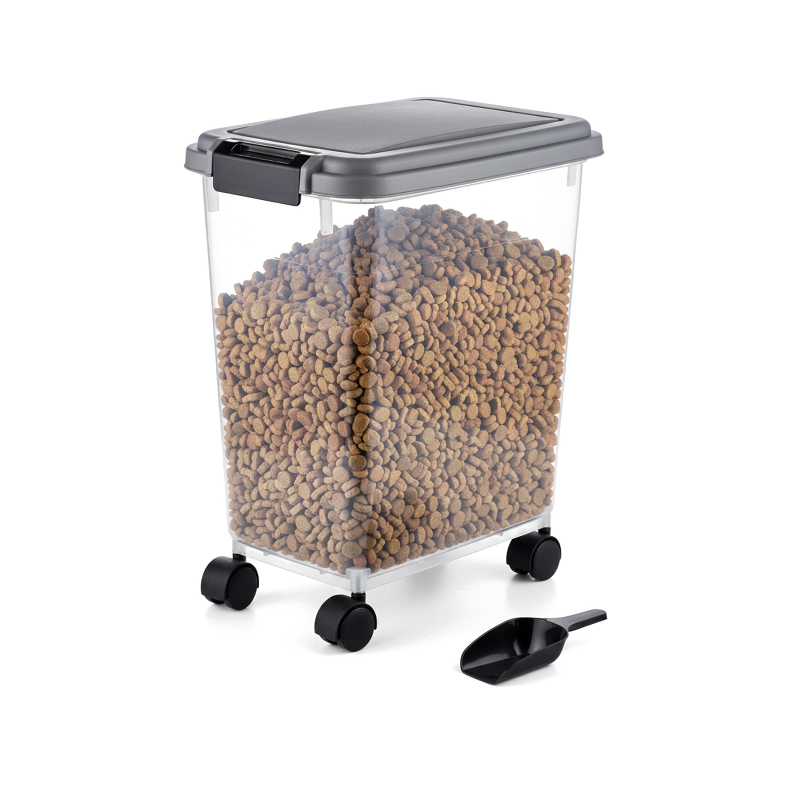 Relaxdays Boîte à croquettes avec roulettes et Pelle, 20 l, H 43,5 cm x L 37 cm x P 24,5 cm, Transparent