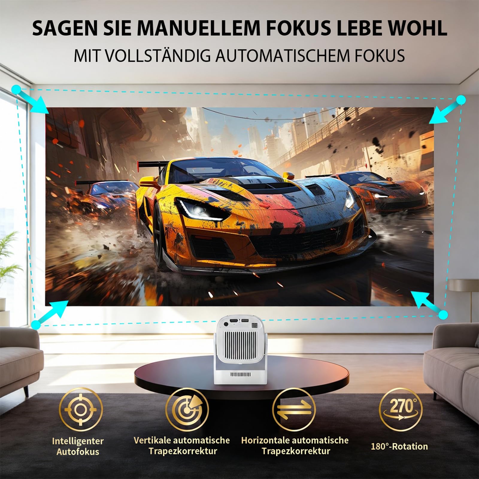 Mini Beamer 4K 1080P Unterstützt, Smart Projector WiFi 6 BT 5.4,Mini Projektor Automatische Trapezialkorrektur,Tragbarer Projektor für Zuhause und draußen,Beamer für HDMI/TV Stick/USB/Laptop,Weiß