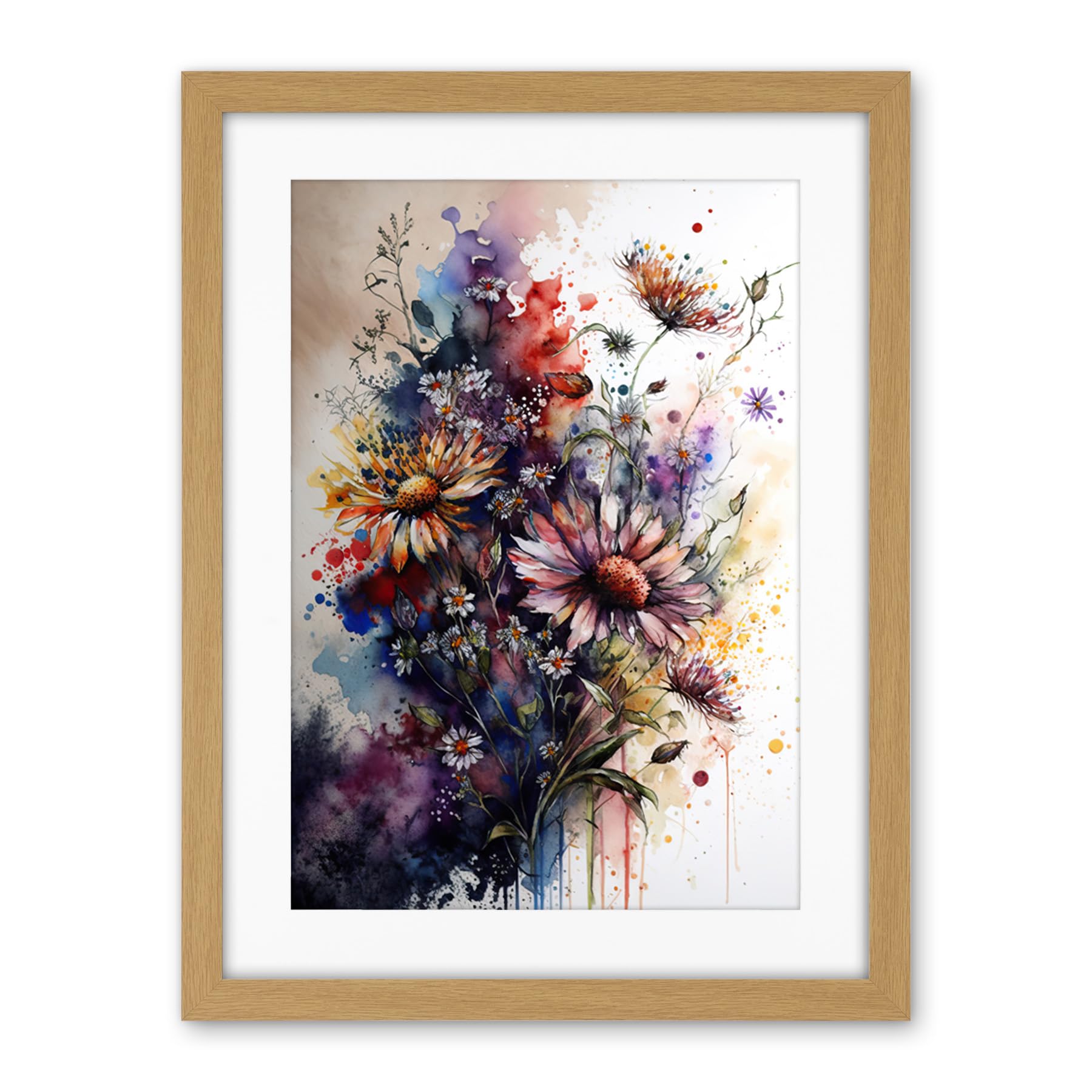 Artery8 Flower Bouquet over Watercolour Splat Illustration Artwork Framed Wall Art Print 18X24 Inch