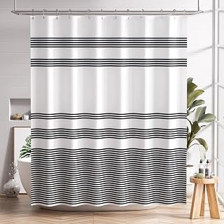 AmazerBath Rustic Black White Striped Shower Curtain Set with 12 Hooks, Farmhouse Fabric 72x72 Washable Waterproof Curtain