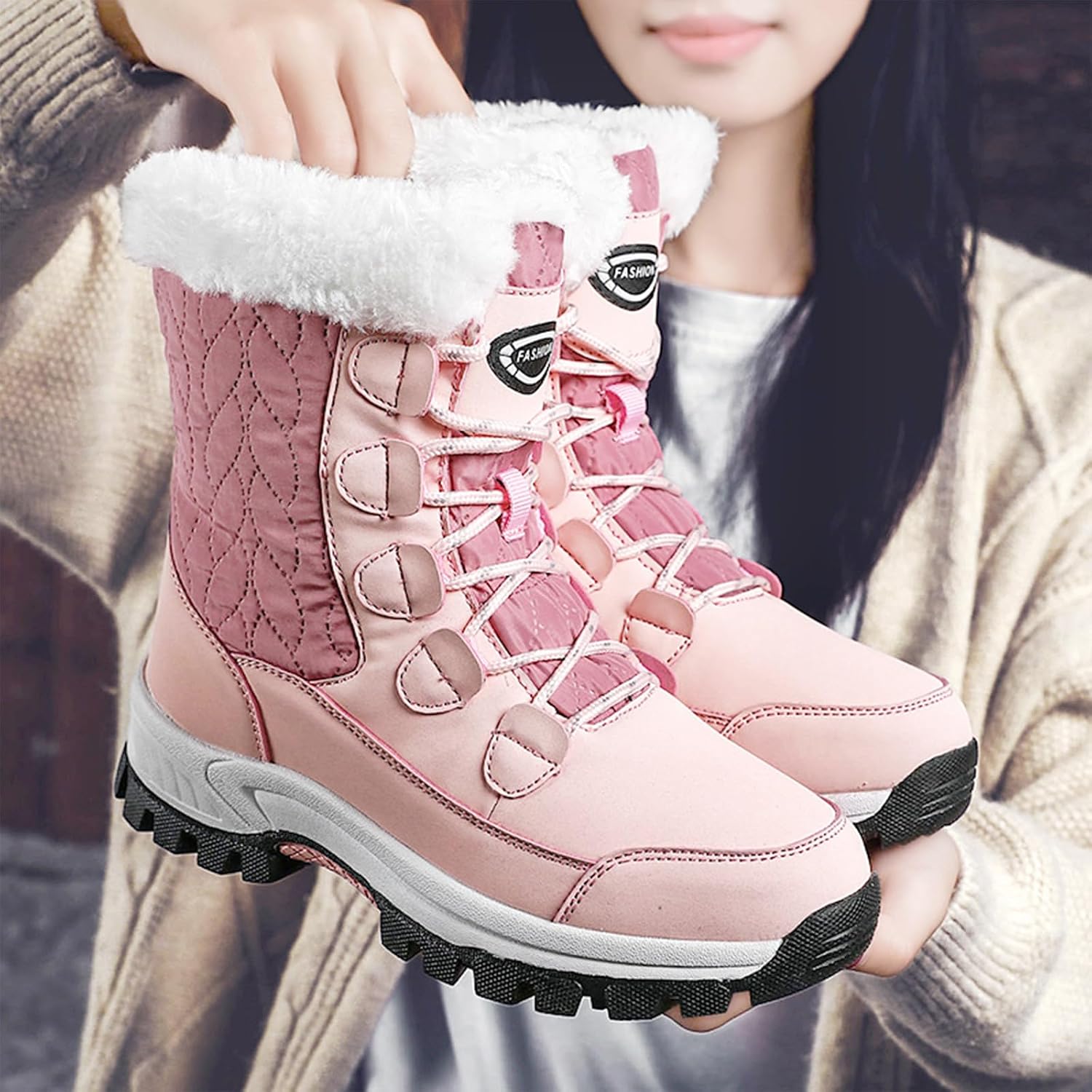 Women's Winter Faux Leather Platform Lace-Up Snow Boots Fashion Round Toe Fur Lined Lug Sole Outdoor Waterproof Non-Slip Mid Calf Warm Boots