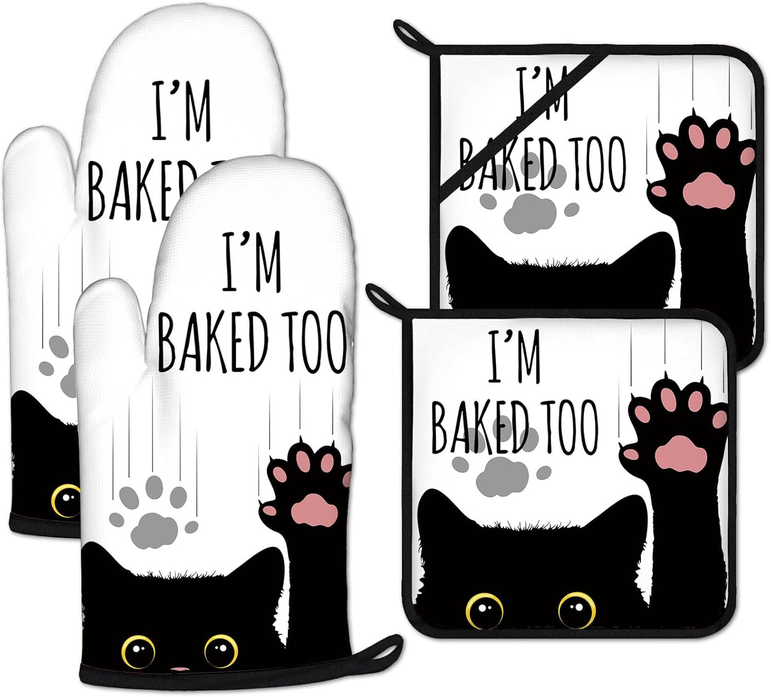 Funny Black Cat Oven Mitts and Pot Holders Sets Heat Resistant 4Pcs Potholders Oven Gloves Hot Pads for Kitchen Baking Cooking Grilling BBQ