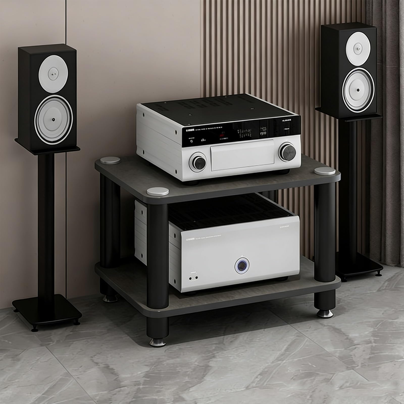 Solidna 2-poziomowa szafka stereo AV, metalowa wieża do odtwarzaczy DVD i CD, amortyzacja wstrząsów i zarysowania, nowoczesny szary design do domowej rozrywki