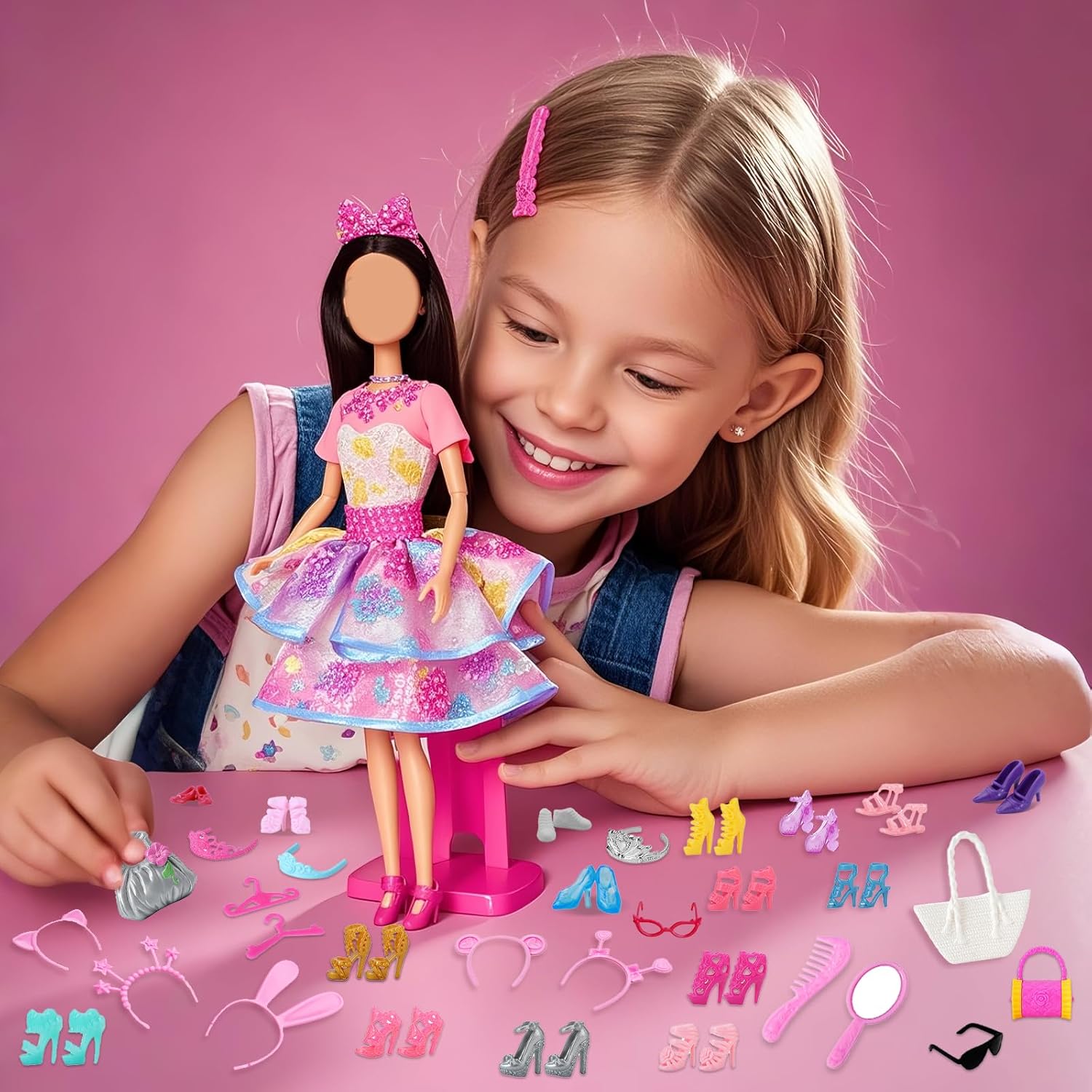 80 Pcs Doll Accessories Including 50 Pair of Doll Shoes High Heels, Boots, Sneakers 5 Headband 5 Glasses 10 Bag 6 Crown 2 Hangers Comb Mirrow for 11.5 inch Girl Dolls Birthday Present for Girls