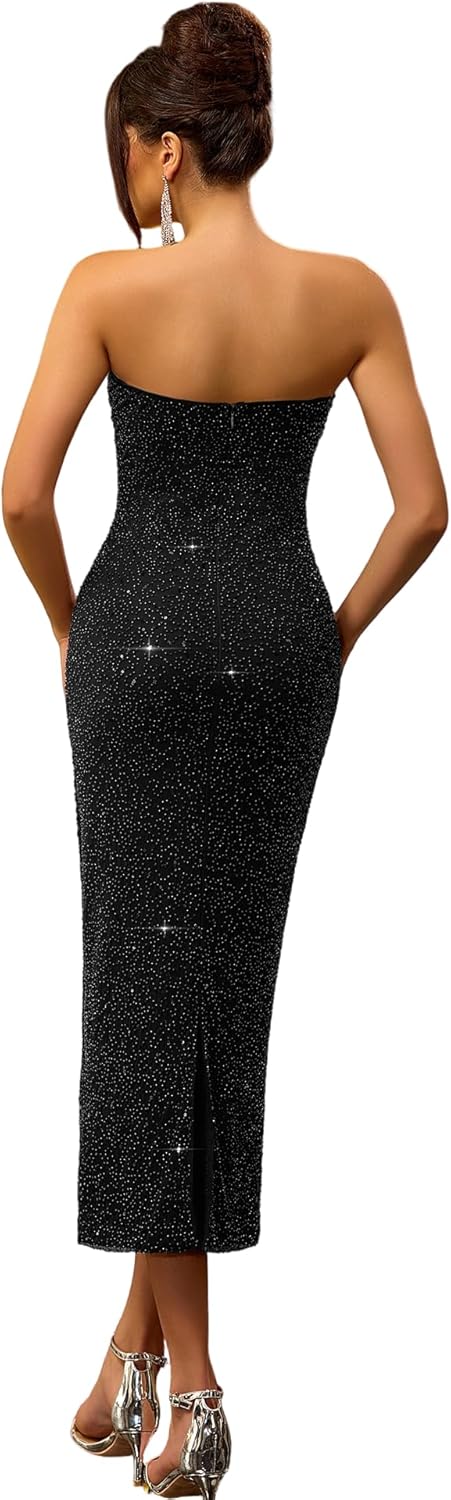 LVNES Beaded Maxi Tube Bodycon Formal Dresses for Women with Slit Strapless Ruched Wedding Guest Cocktail Dress - Image 2