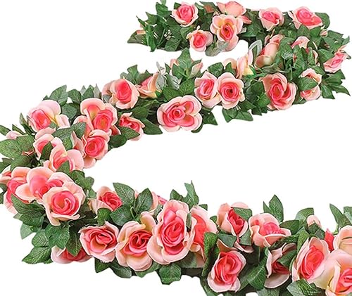 Guirnalda de vid de rosas falsas de 16 pies, plantas artificiales para colgar, hiedra rosa, hogar, hotel, oficina, boda, fiesta, decoración de