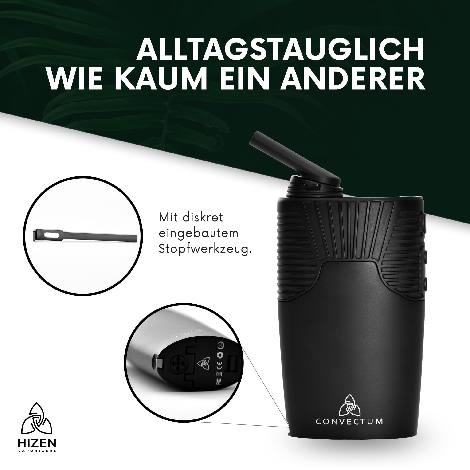 HIZEN Convectum Kräuter Vaporizer – Premium Verdampfer für Kräuter mit echter Konvektion, 80–220 °C stufenlos, USB-C Wechselakku (18650 LG), LED-Display, Endlos-Timer, Aromatherapie, Schwarz