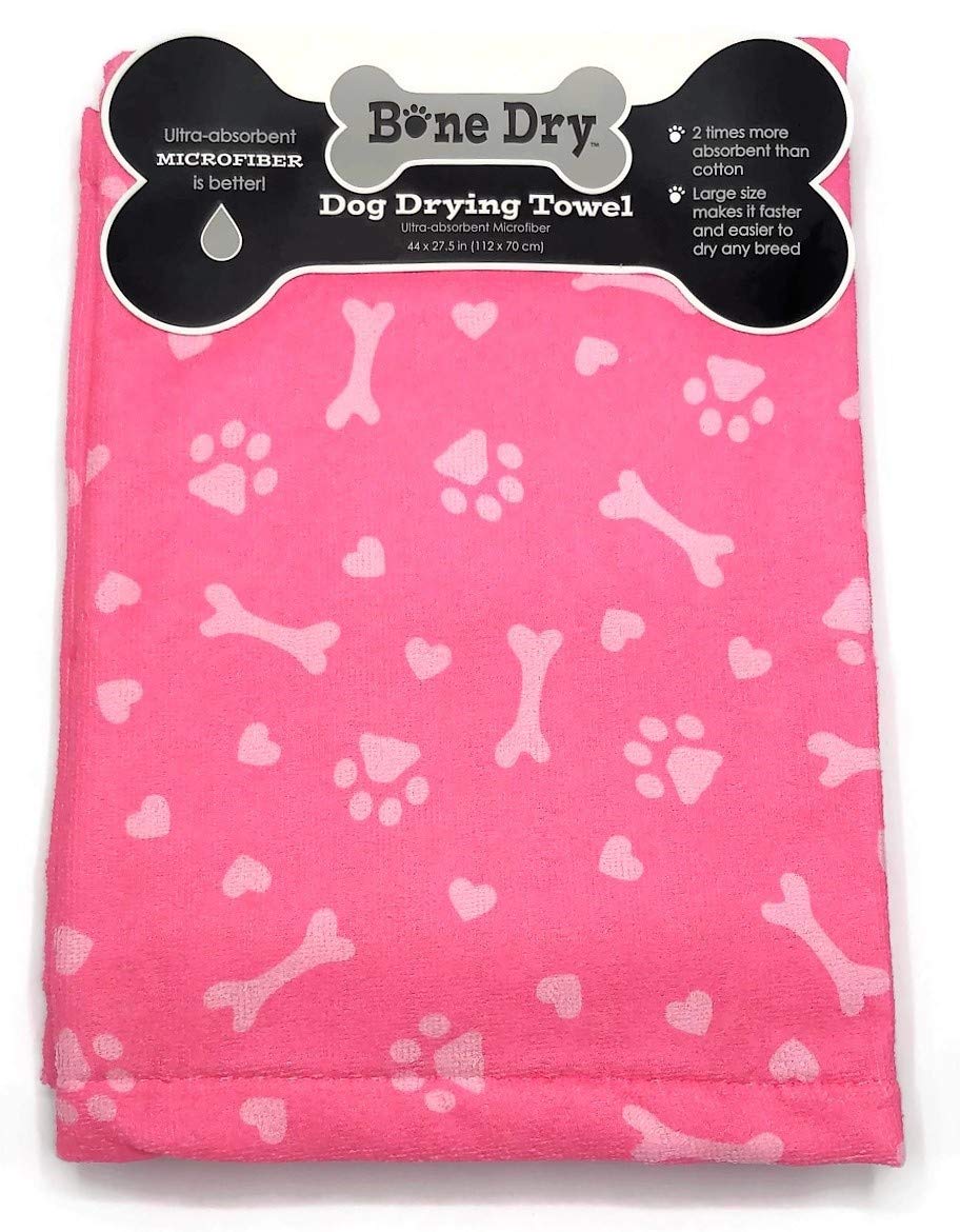 Excello Bone Dry Microfiber Dog Drying Towel - Pink Printed Hearts Paws Bones