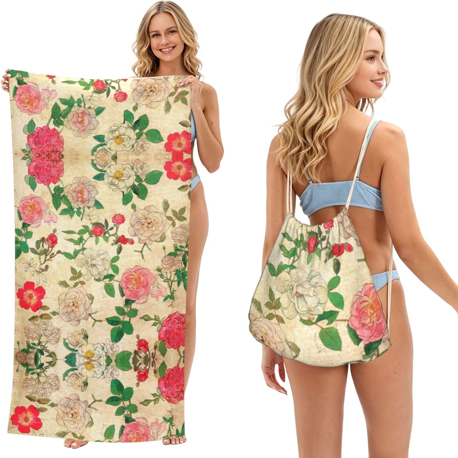 EZDLOWVBA Pink And White Peonies Print Beach Towel Backpack 2 In 1 Summer Large Lightweight Beach Towel - Multifunctional Ship Pattern Towel Bag For Storage,Sport