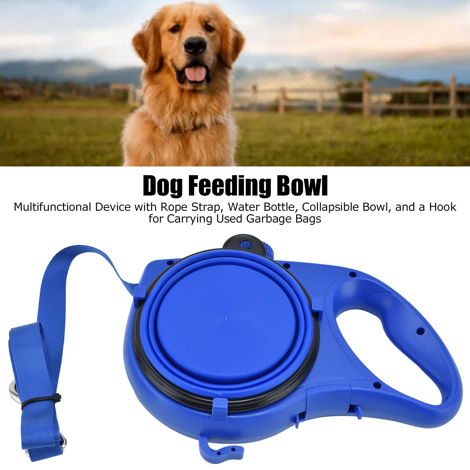 Correa de Perro Multifunción Portátil, Correa para Mascotas con Cuenco de Agua Plegable, Adecuada para Perros Pequeños y Medianos (9,1 x 6,7 x 2,0 Pulgadas)(Azul)