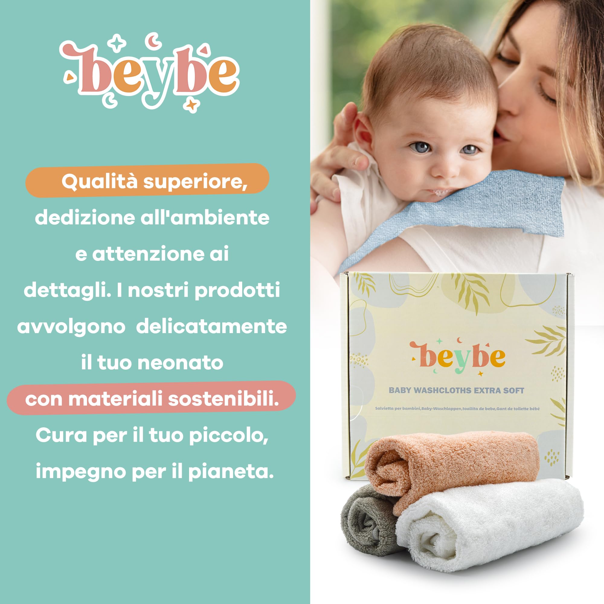 Asciugamano neonato neonato in bambù per bambini, 50 x 25 cm, set di 3 asciugamani da neonato in bambù, multiuso, indispensabile per neonato