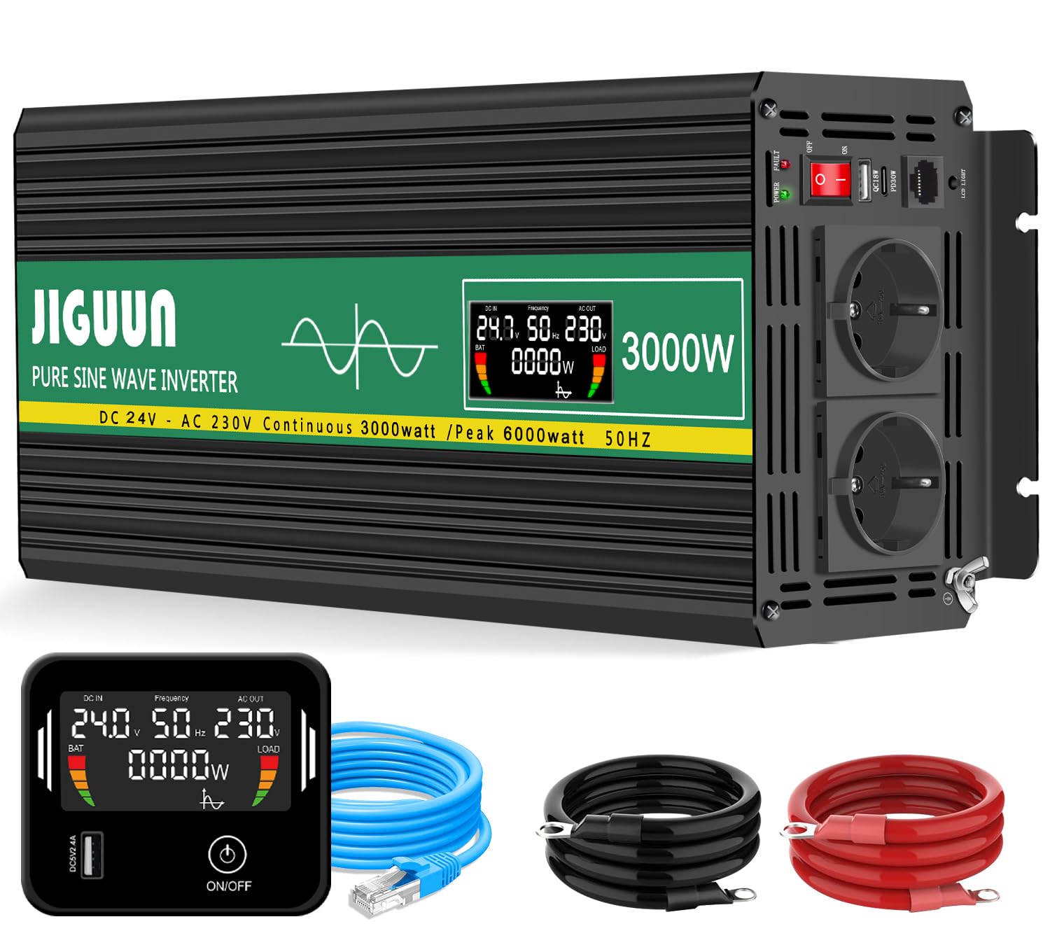 JIGUUN 3000W Inversor 24V 220V Onda Pura Convertidor Inverter con 2 Tomas UE y un USB ，Mando a Distancia e indicador LCD，Potencia máxima 6000W para RV, Viajes, emergencias