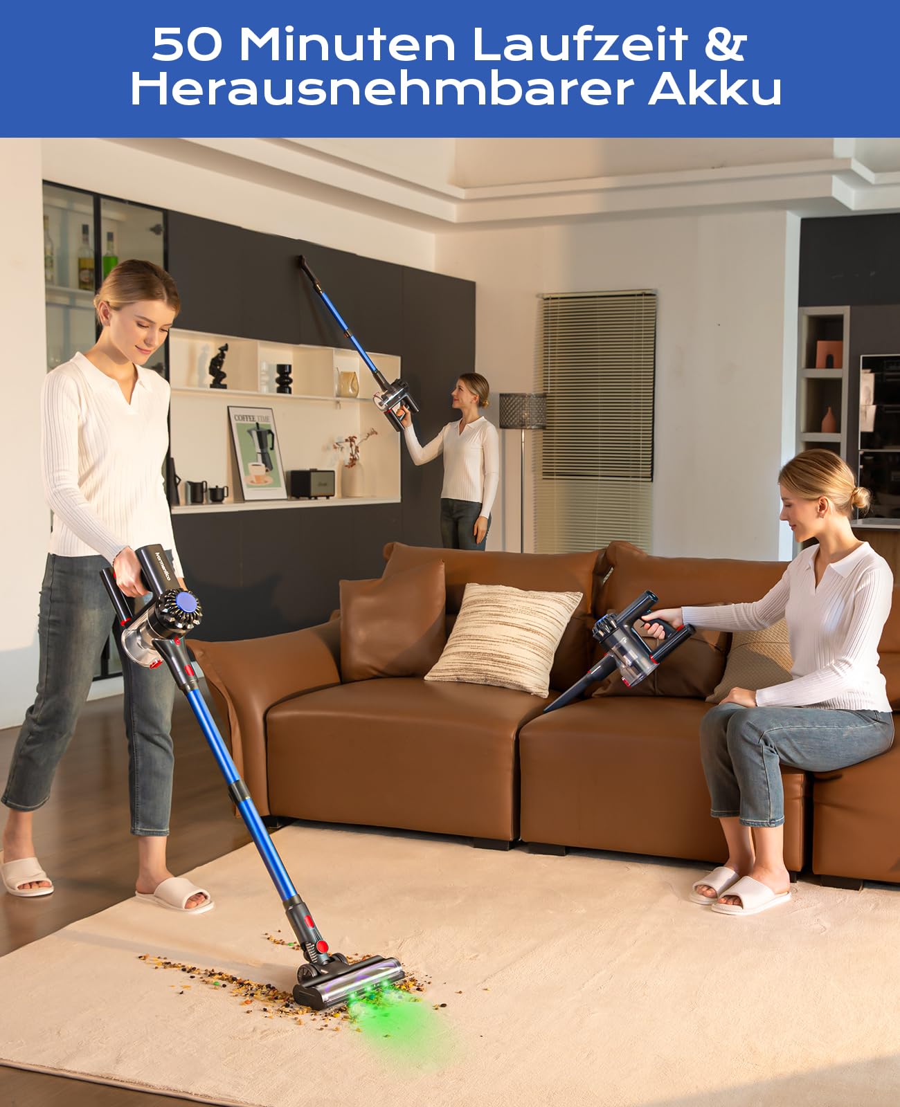 Akku Staubsauger Kabellos 50Mins/40KPA/450W, Akkustaubsauger mit Geen LED, Kabelloser Staubsauger mit Aufgerüstete Bodenbürste, Staubsauger Akku für Tierhaare, Blau