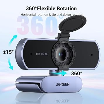 UGREEN Full HD 1080P Webcam with Microphone, 2 Noise-Canceling Mics, 85 Fov & Fixed Focus, Plug and Play, Auto Light Correction, Privacy Cover PC Camera for Zoom/Skype/Teams, Switch 2, Grey