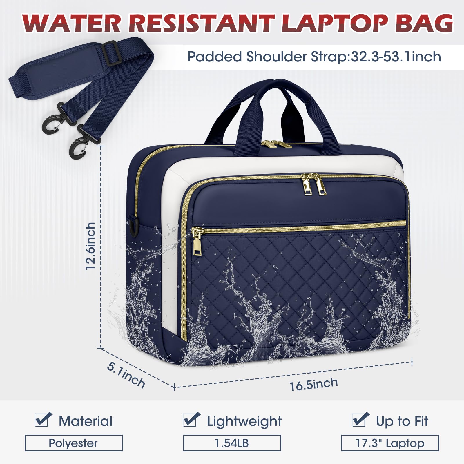 NEWHEY Borsa per computer portatile da 17,3 pollici valigetta per computer da donna grande borsa per computer | Borsa a tracolla impermeabile con tasche multiple e tracolla imbottita, per lavoro, ufficio, università, blu e beige