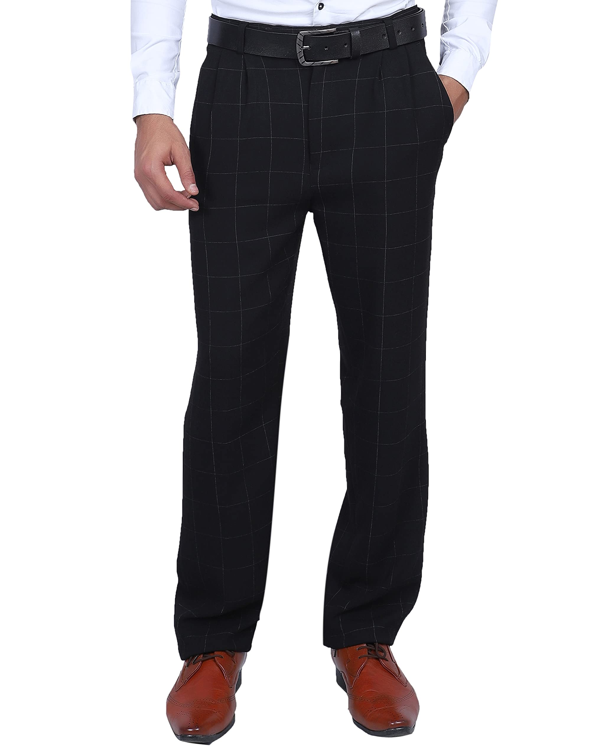 particle Men's Pleat-Front Regular Fit Formal Trousers - Checks (Sizes 32-46)-picture-41