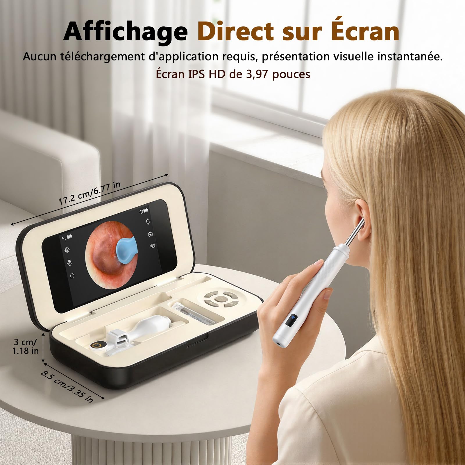 Otoscope Oreille avec Écran IPS HD 3.97, Caméra 1080P IP67 Étanche, Nettoyeur Oreille Set avec Carte TF et 6 LED