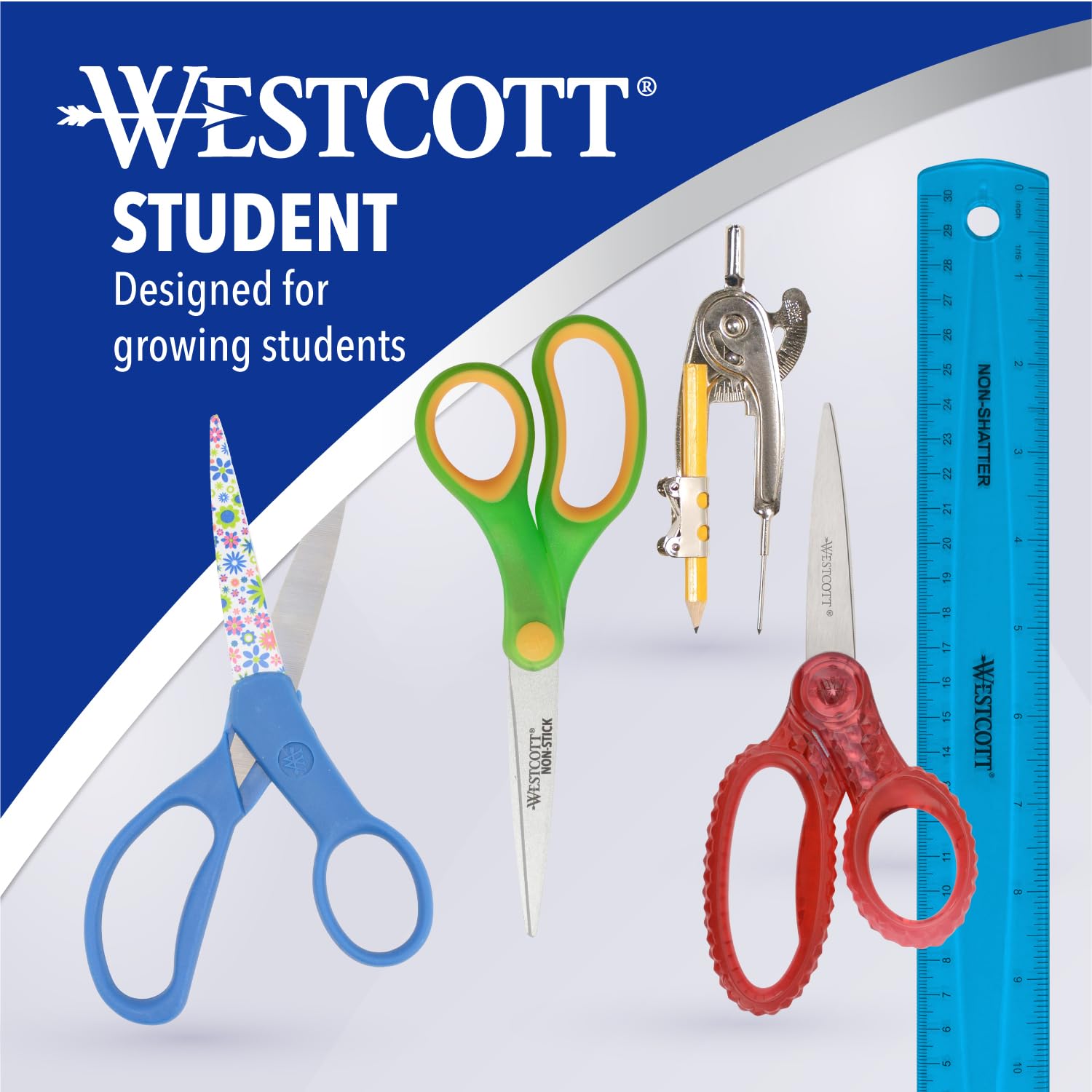 Westcott 17,8 cm große Gem Kristalldesign Schülerschere, für Kinder ab 12 Jahren, Schere für Schule, Handwerk, Zuhause, Heimwerker, Klassenzimmer, Grün