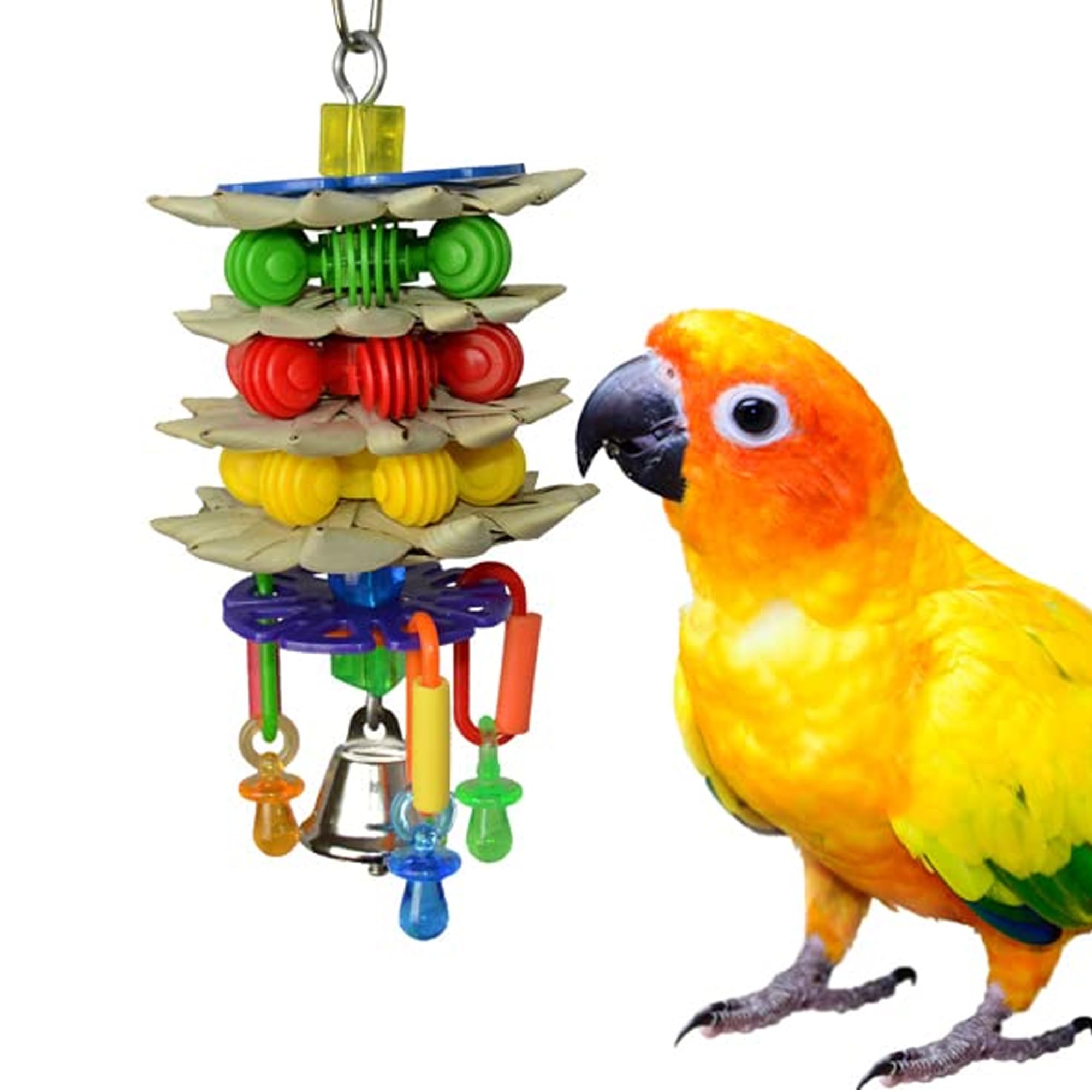 SB765 Triple Decker Bird Toy for Medium Sized Pet Birds - Ringnecks, Medium Conures, Cockatiels, Caiques, Pionus, Senegals - Bird Safe Component and Design - 8" x 3"