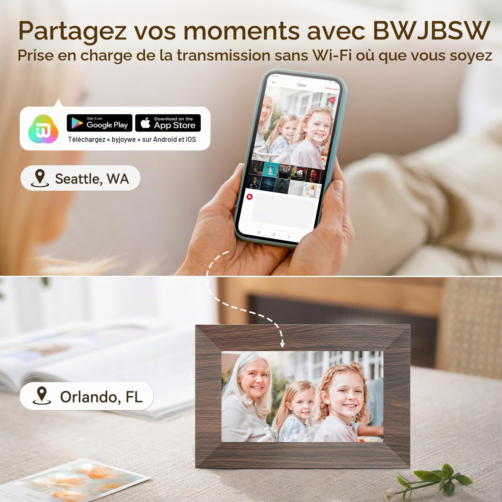 Cadre Photo Numérique, BWJBSW 7 Pouces WiFi IPS Écran Tactile Cadre Photo Électronique, 32Go Stockage, Cadre Numerique Partager Photo Vidéo Musique Réveil, Prend en Charge 64Go Carte SD, Auto-Rotation
