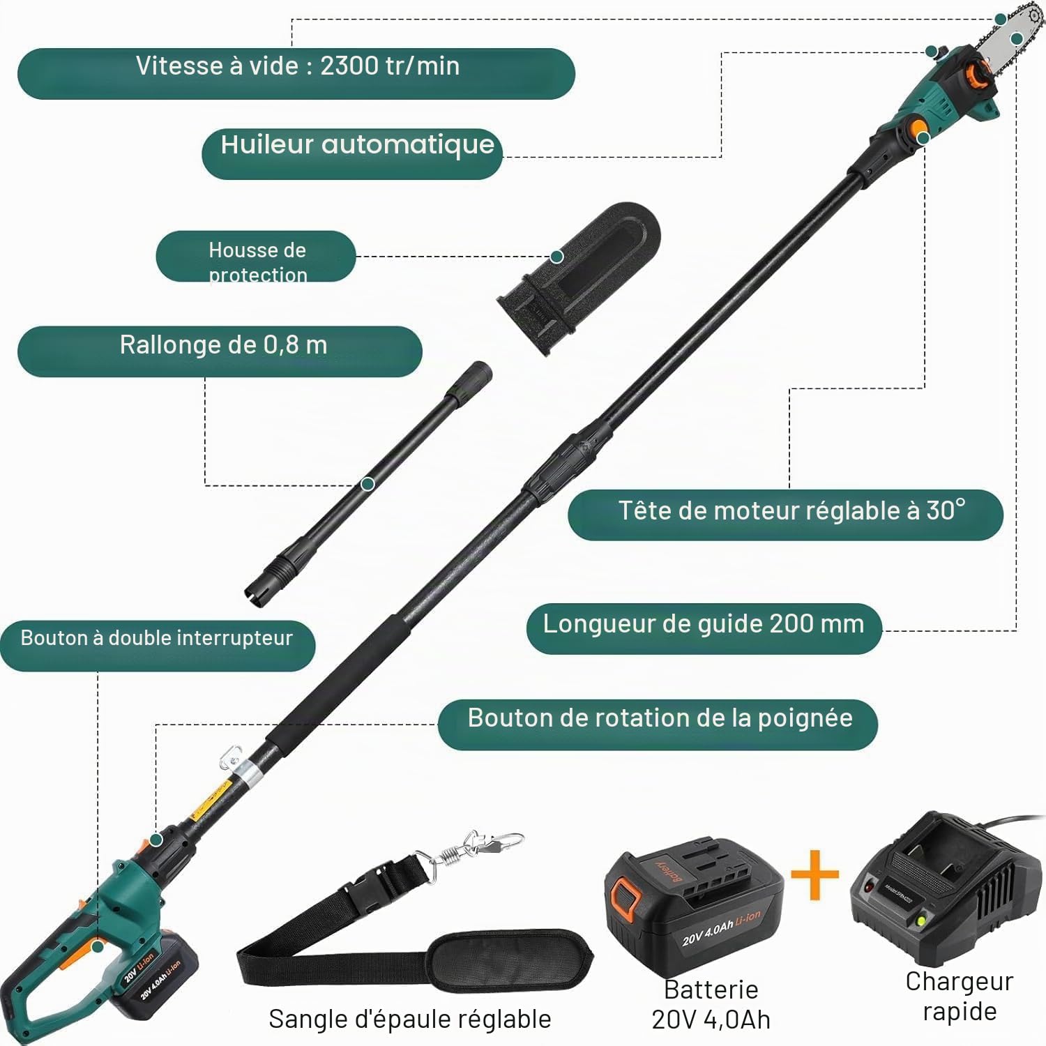 Élagueur sur Perche sans Fil, Perches Élagueuses Électrique, avec Tube d'Extension, Batterie Li-Ion 20 V 4 Ah/Chargeur, Longueur de Lame 20 cm, Vitesse de Chaîne 5 m/s, Tête Inclinable, Portée 4 m