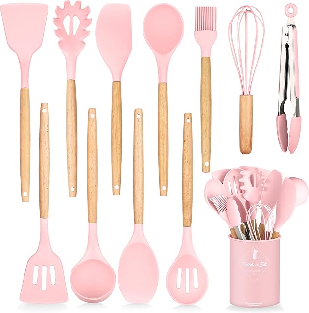 HENSHOW Kitchen Utensils Sets Silicone, 12Pieces Cooking Utensils Sets Silicone Include Utensil Holders - Nonstick Non Scratch Cookware Kitchen Tool with Wooden Handle (Pink Color)